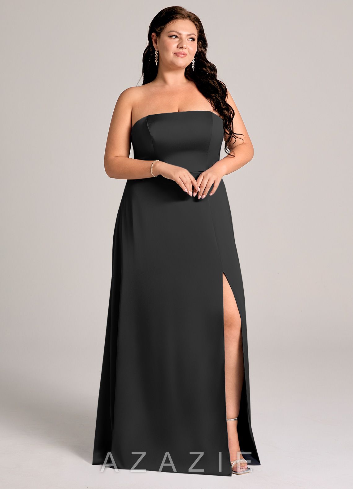 Azazie Wren Black A-Line Strapless Stretch Satin Convertible Dress black