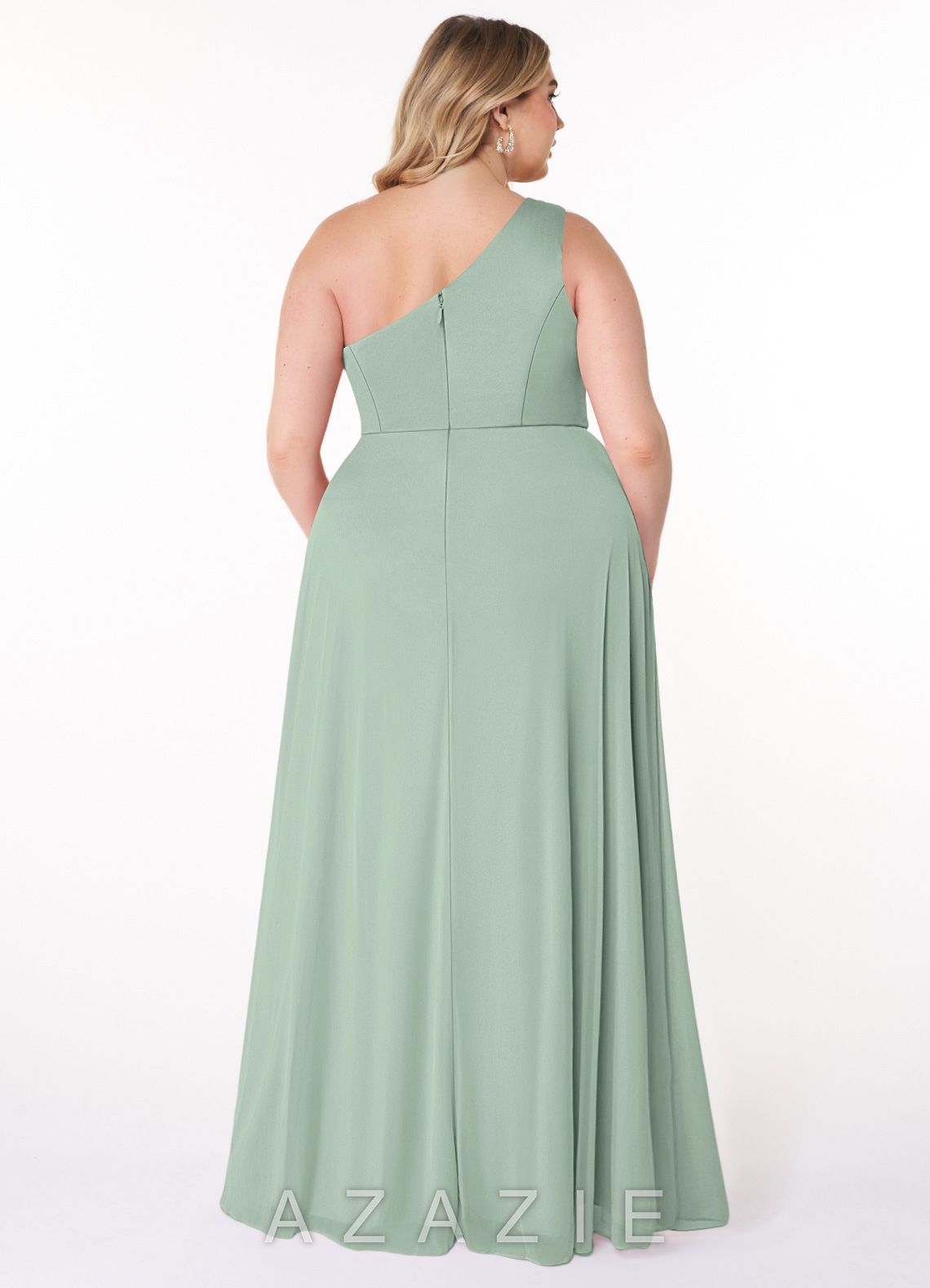 Azazie Brooke Agave A-Line One Shoulder Mesh Dress agave