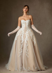 Azazie Sonnet Diamond White Champagne Ball-Gown Strapless Lace Dress