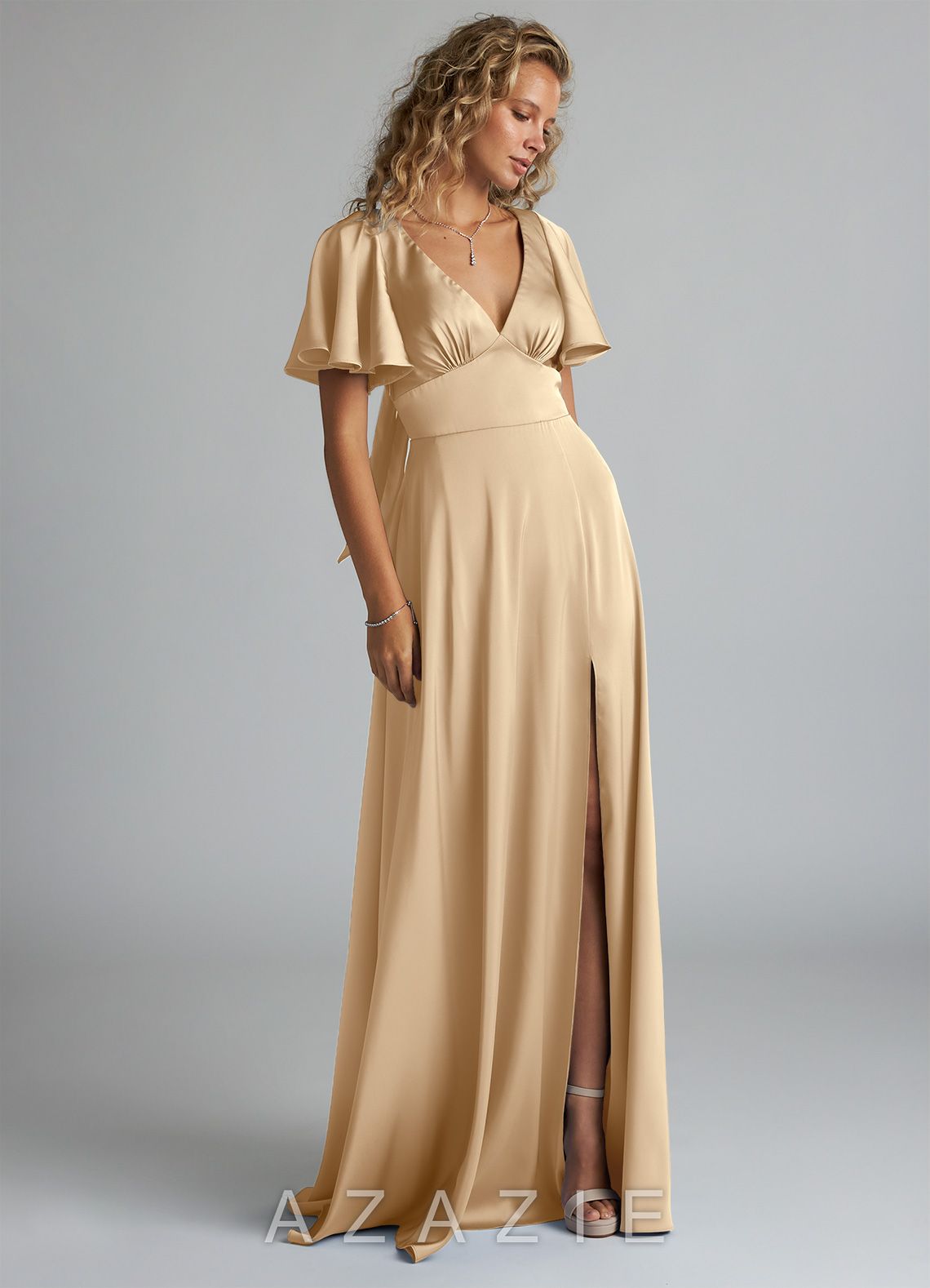 Azazie Kimber Champagne A-Line Ruched Stretch Satin Dress champagne