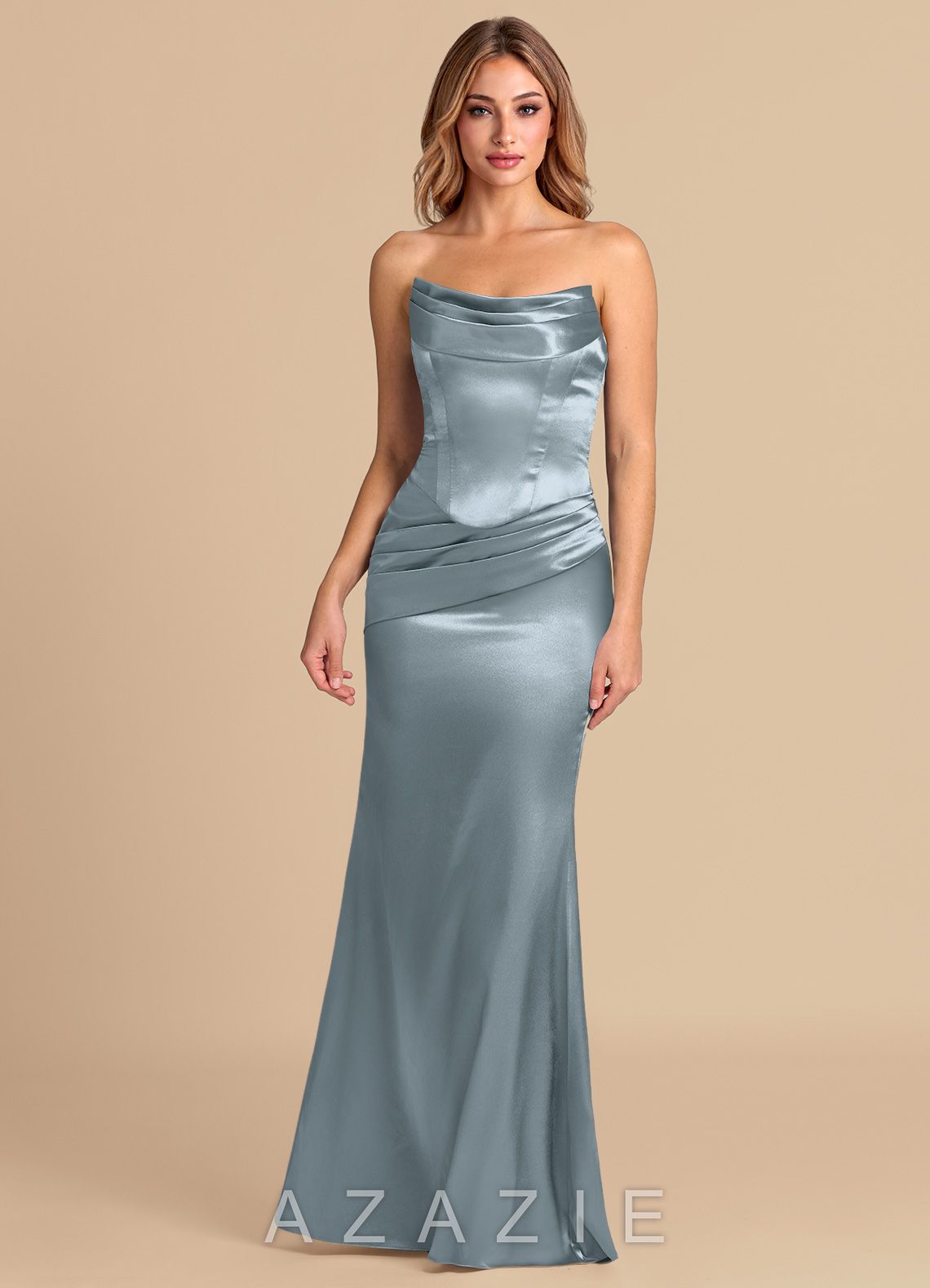 Azazie Sorrel Dusty Blue Mermaid Corset Metallic Satin Convertible Dress dusty_blue