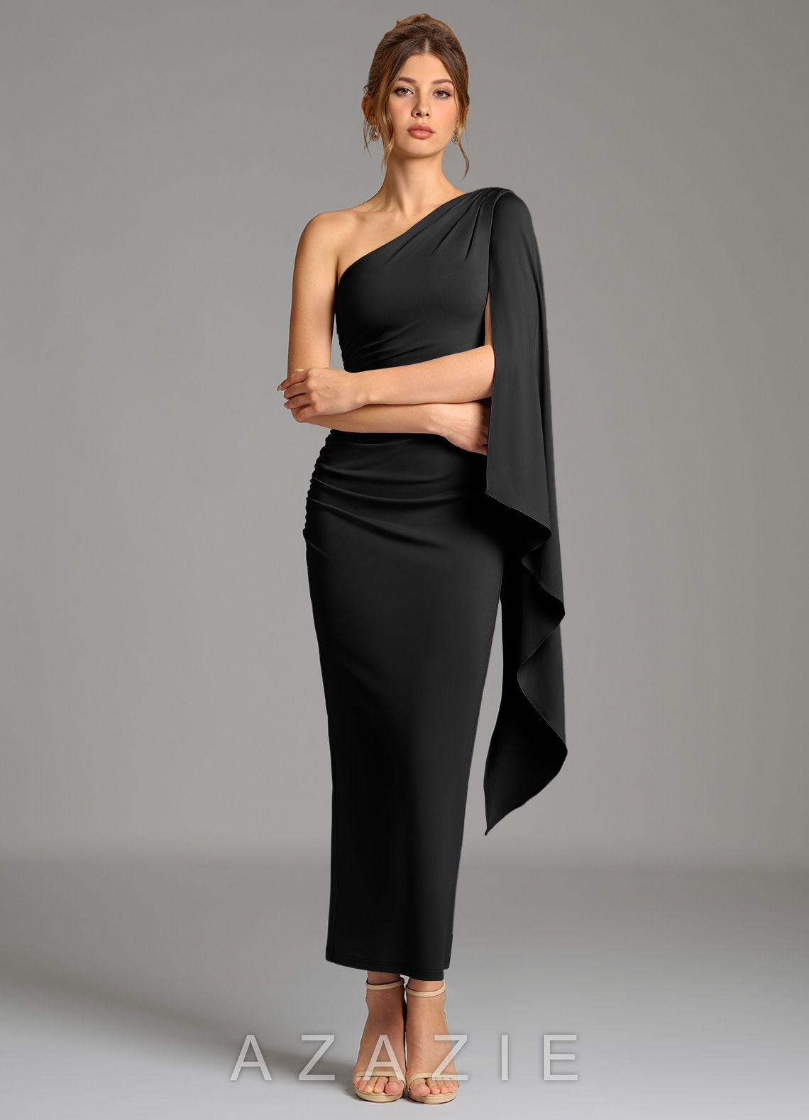 Azazie Jana Black Sheath Long Sleeve Premium Stretch Jersey Dress black