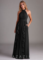 Azazie Avary Black A-Line Pleated Chiffon Dress black