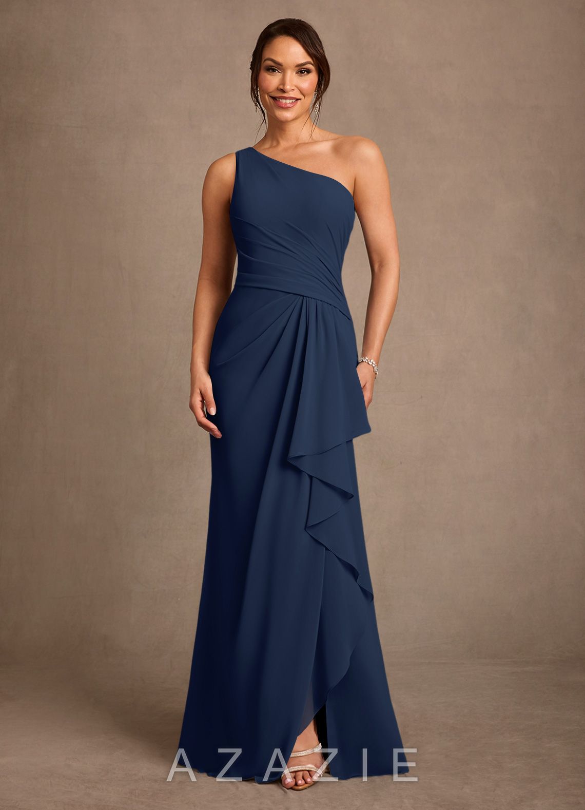 Azazie Floy Dark Navy Sheath One Shoulder Chiffon Dress