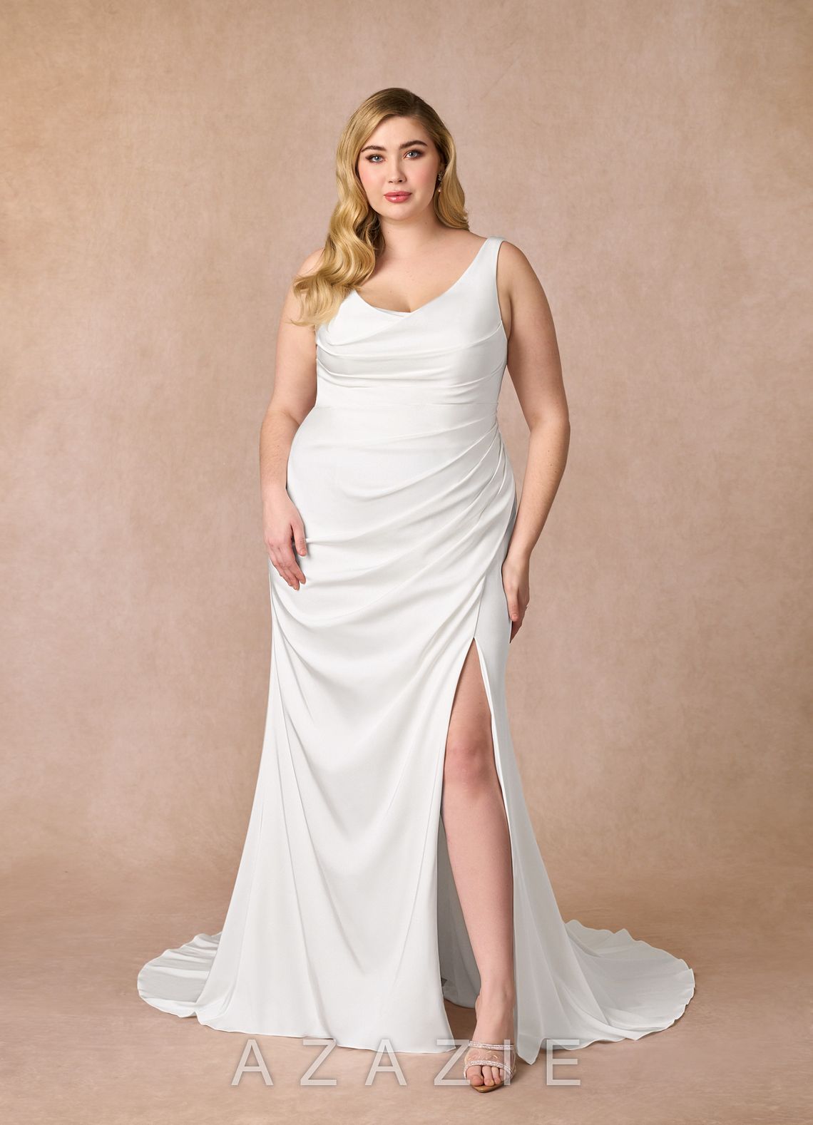 Azazie Daira Wedding Dress Diamond White Mermaid Scoop Pleated Crepe Back Satin Dress diamond_white