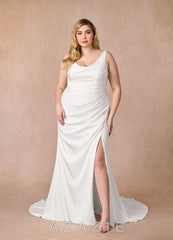 Azazie Daira Wedding Dress Diamond White Mermaid Scoop Pleated Crepe Back Satin Dress diamond_white