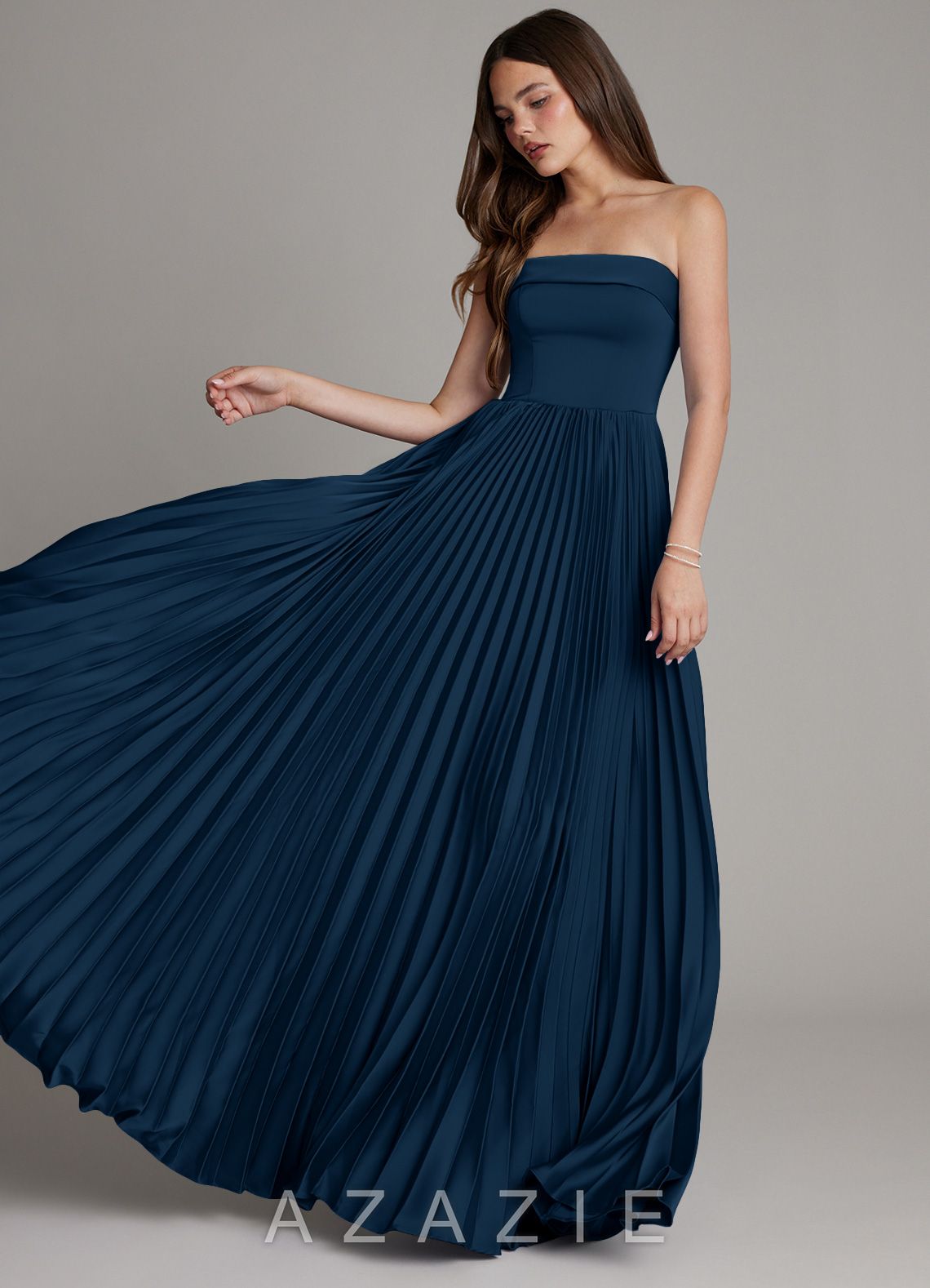 Azazie Mariana Dark Navy A-Line Pleated Stretch Satin Dress dark_navy