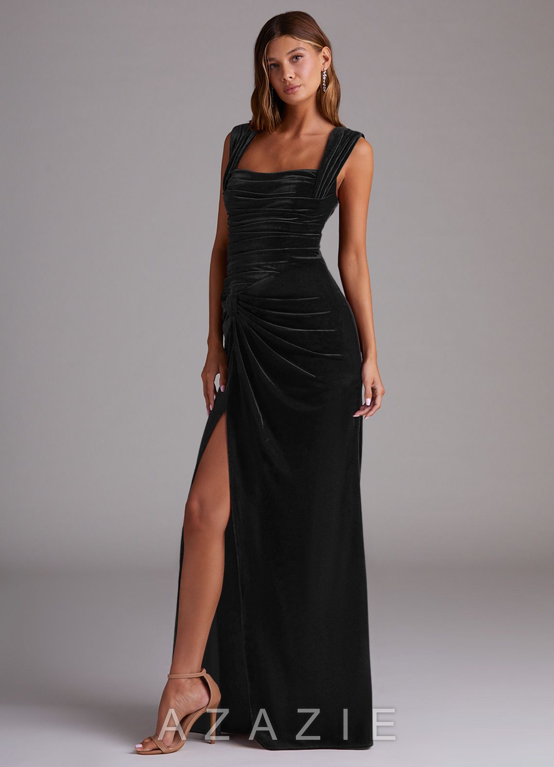 Azazie Genesis Black Sheath Pleated Velvet Dress black