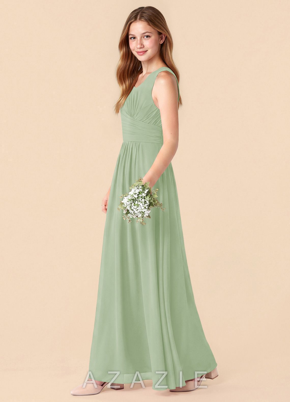 Azazie Skyla Junior Dusty Sage A-Line Pleated Chiffon Dress dusty_sage