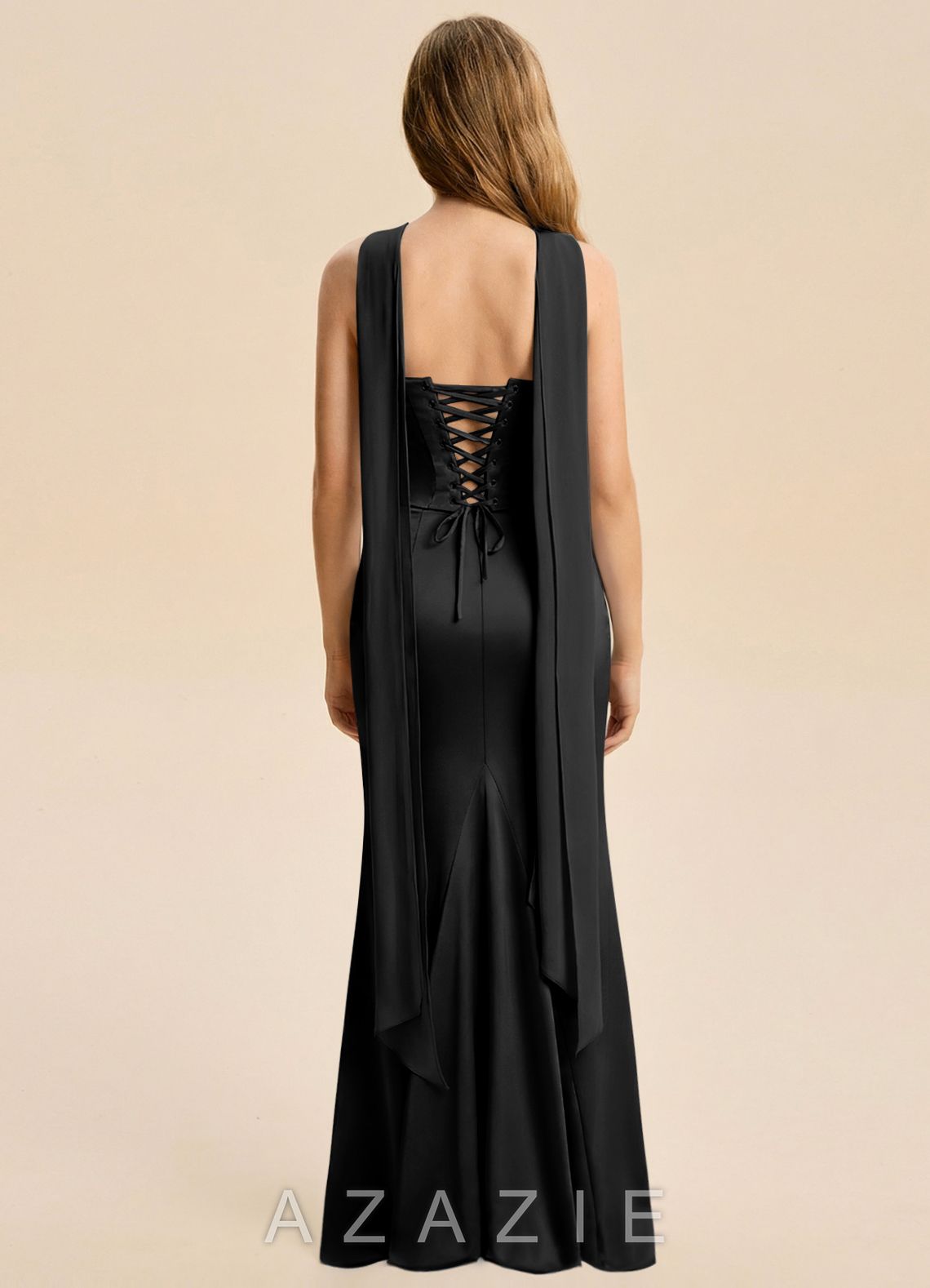 Azazie Sorrel Junior Black Mermaid Ruched Stretch Satin Dress black