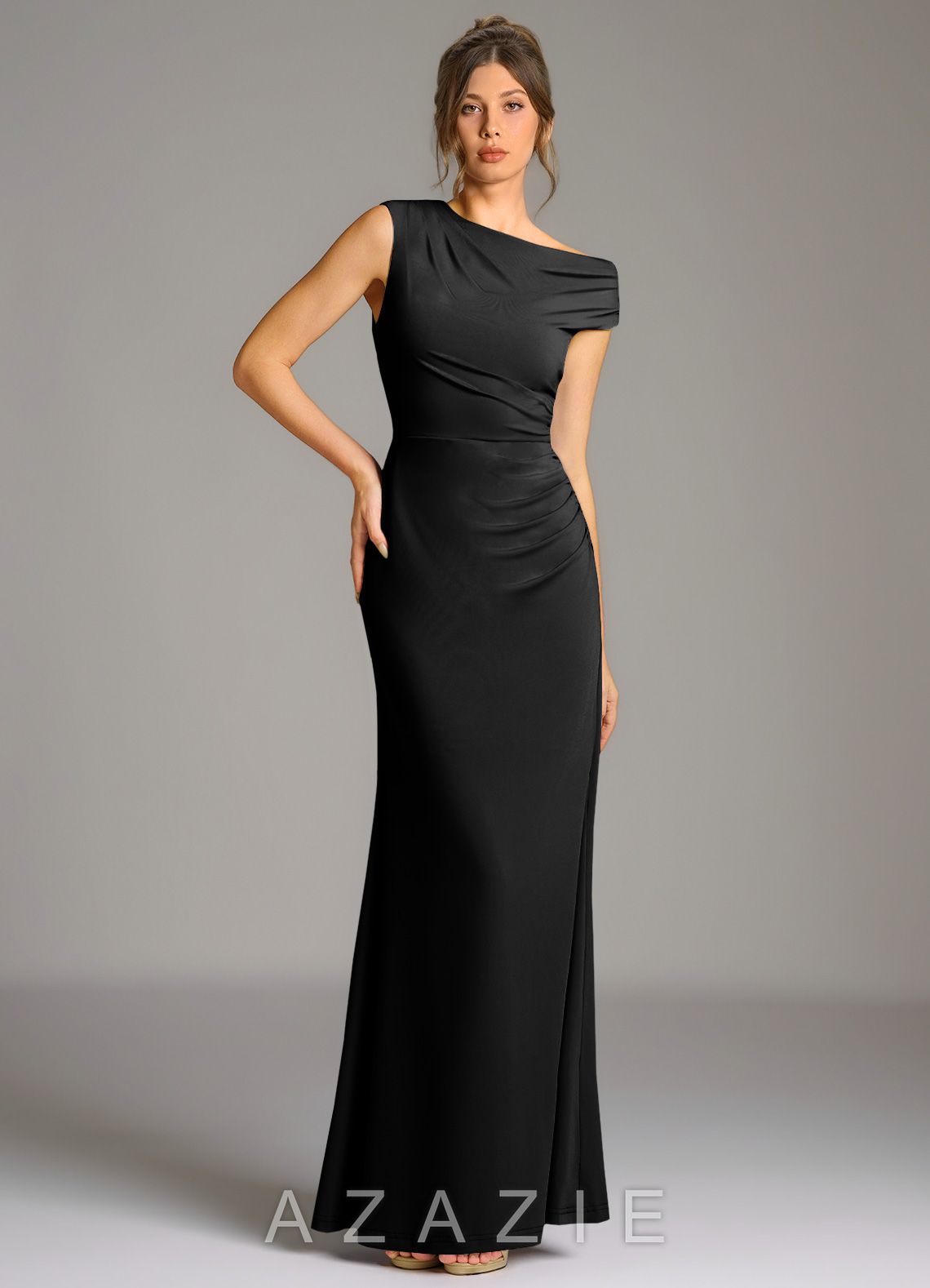 Azazie Nazanin Black Mermaid Off the Shoulder Premium Stretch Jersey Dress black