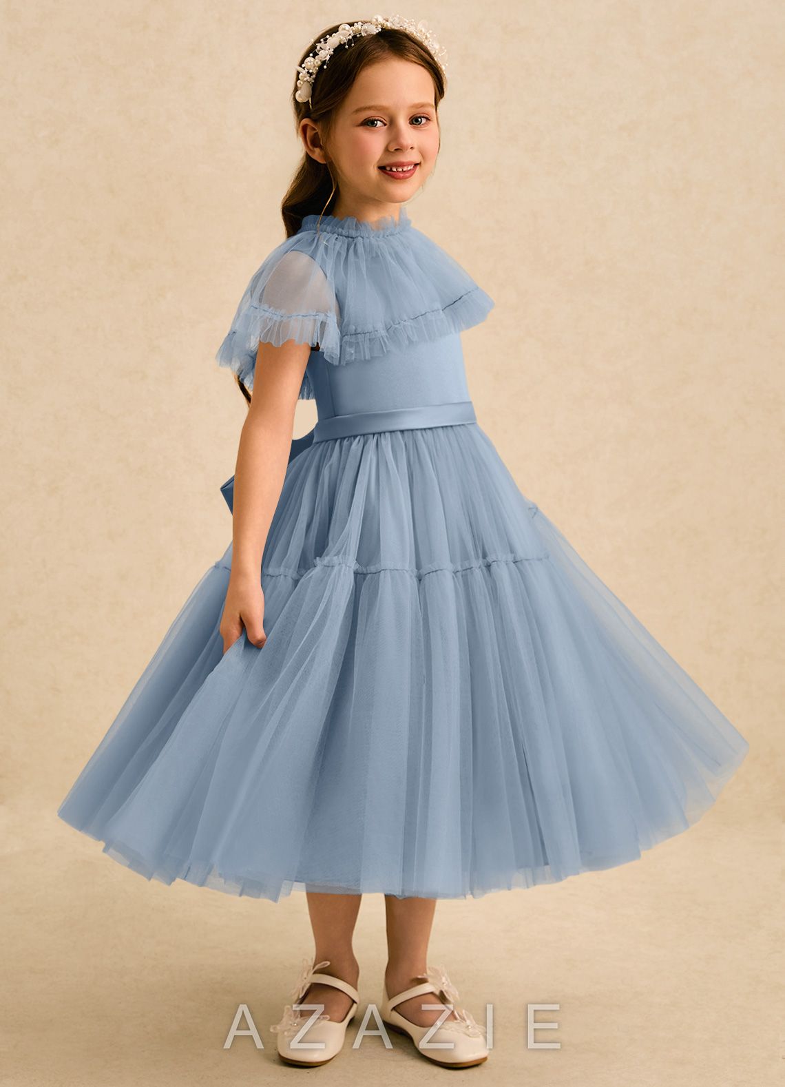 Azazie Kennedy Dusty Blue A-Line Ruched Tulle Dress dusty_blue