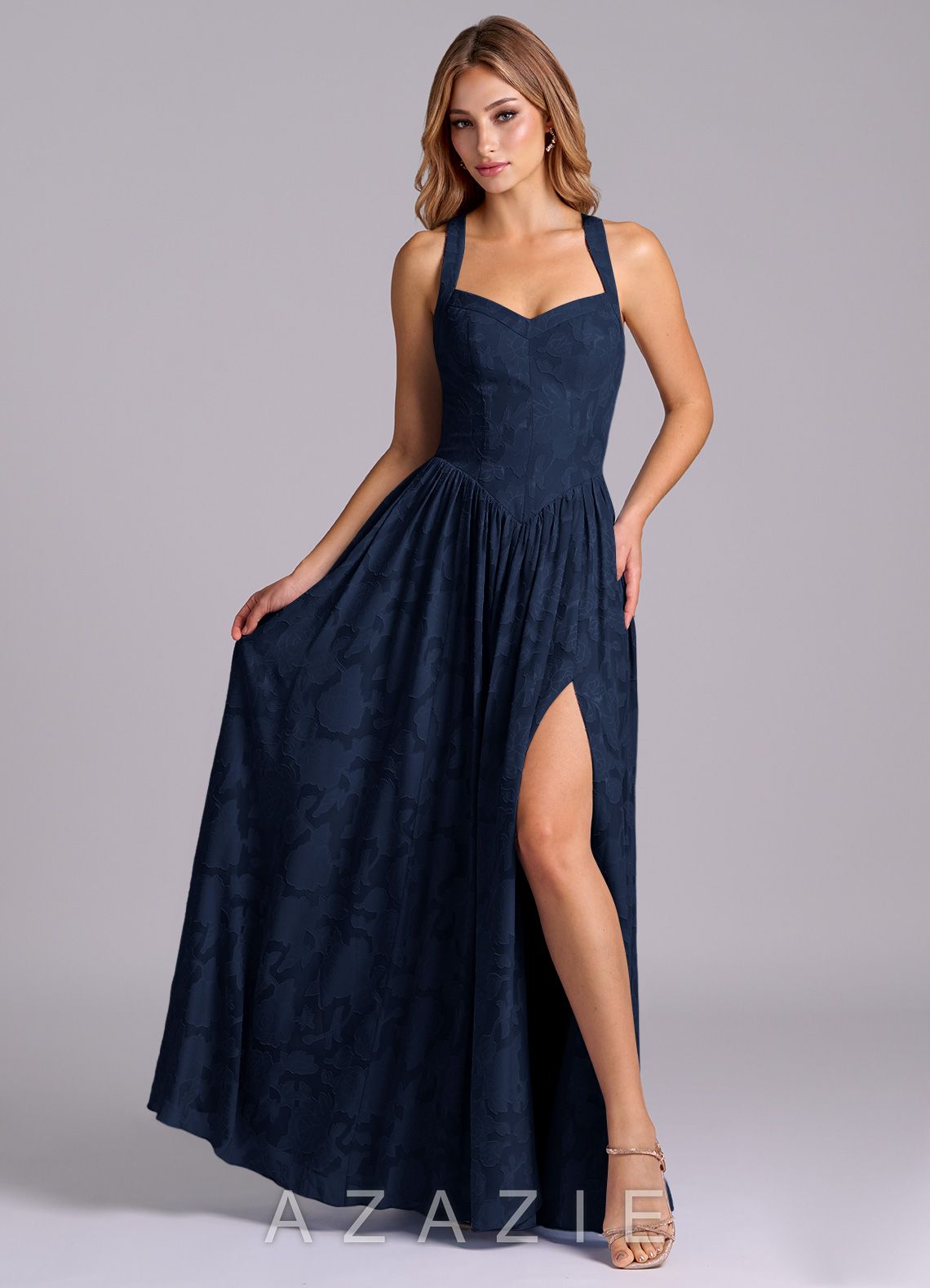 Azazie Francis Dark Navy A-Line Corset Floral Burnout Dress dark_navy