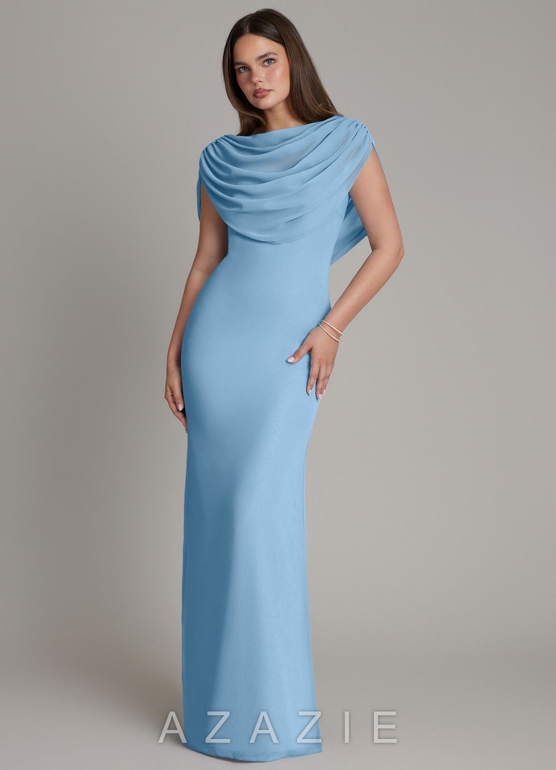 Azazie Hadley Steel Blue Mermaid Pleated Chiffon Dress