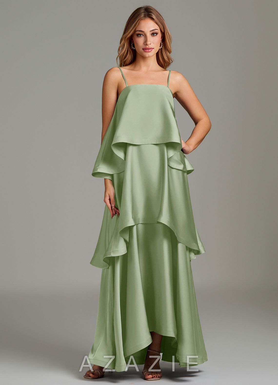Azazie Azalea Dusty Sage A-Line Ruched Stretch Satin Dress