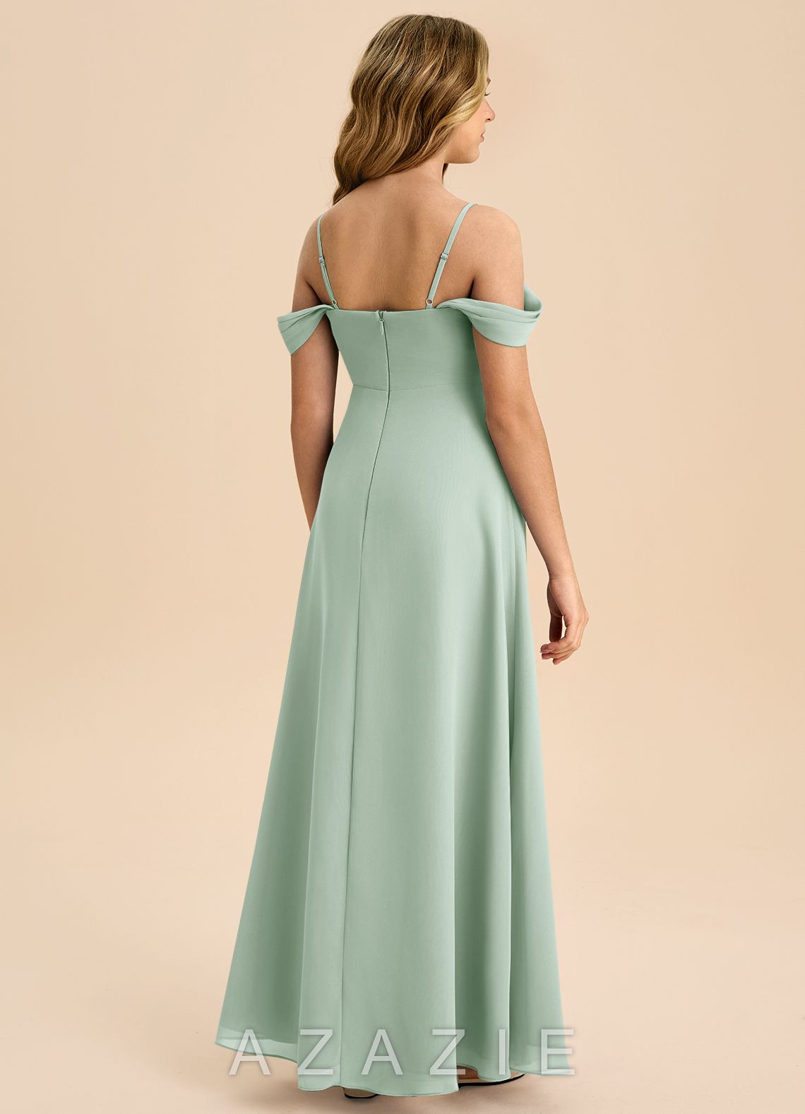 Azazie Anselie Junior Agave A-Line Off the Shoulder Chiffon Dress agave