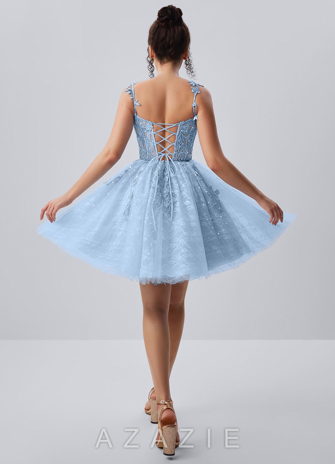 Raphinase Sky Blue Lace Tulle Beading Corset A line Lace-Up Mini Dress