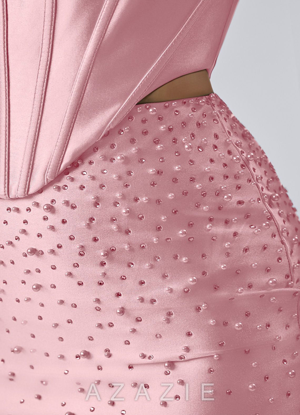 Nolagen Powder Pink Beading Rhinestone Stretch Satin Corset Two-piece Mini Dress