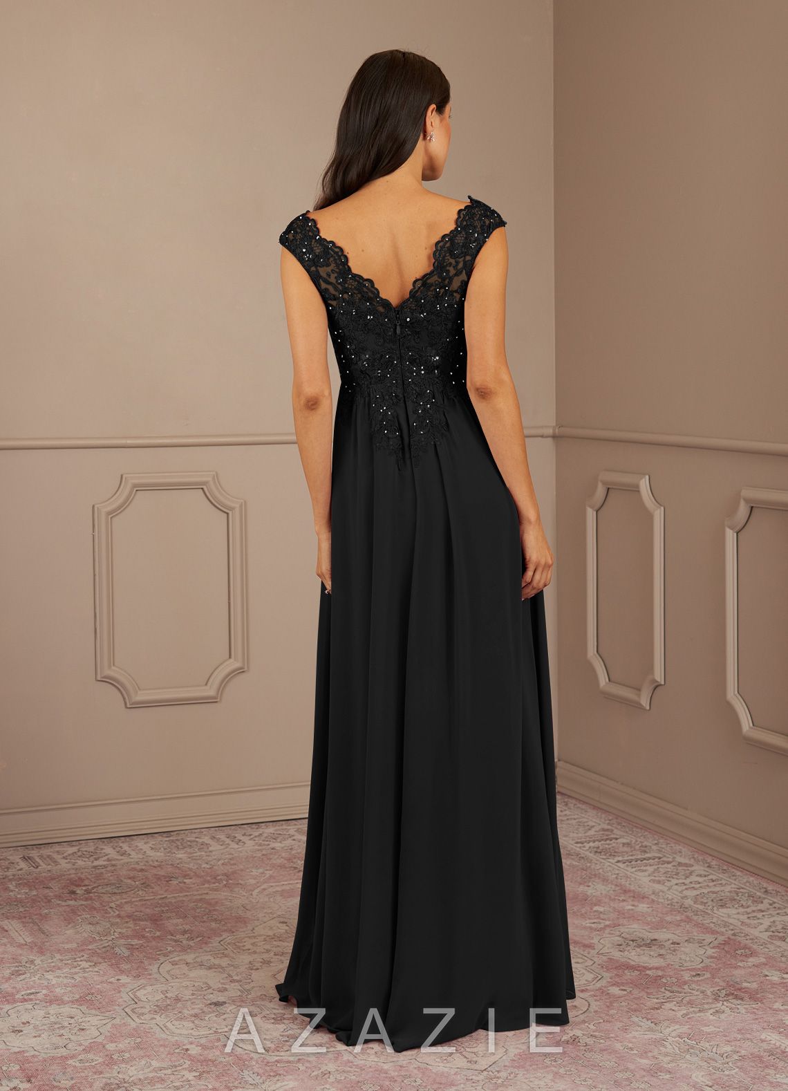 Azazie Amethyst Black A-Line V-Neck Sequins Chiffon Dress black