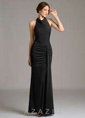Azazie Raevynn Black Mermaid Pleated Premium Stretch Jersey Dress black