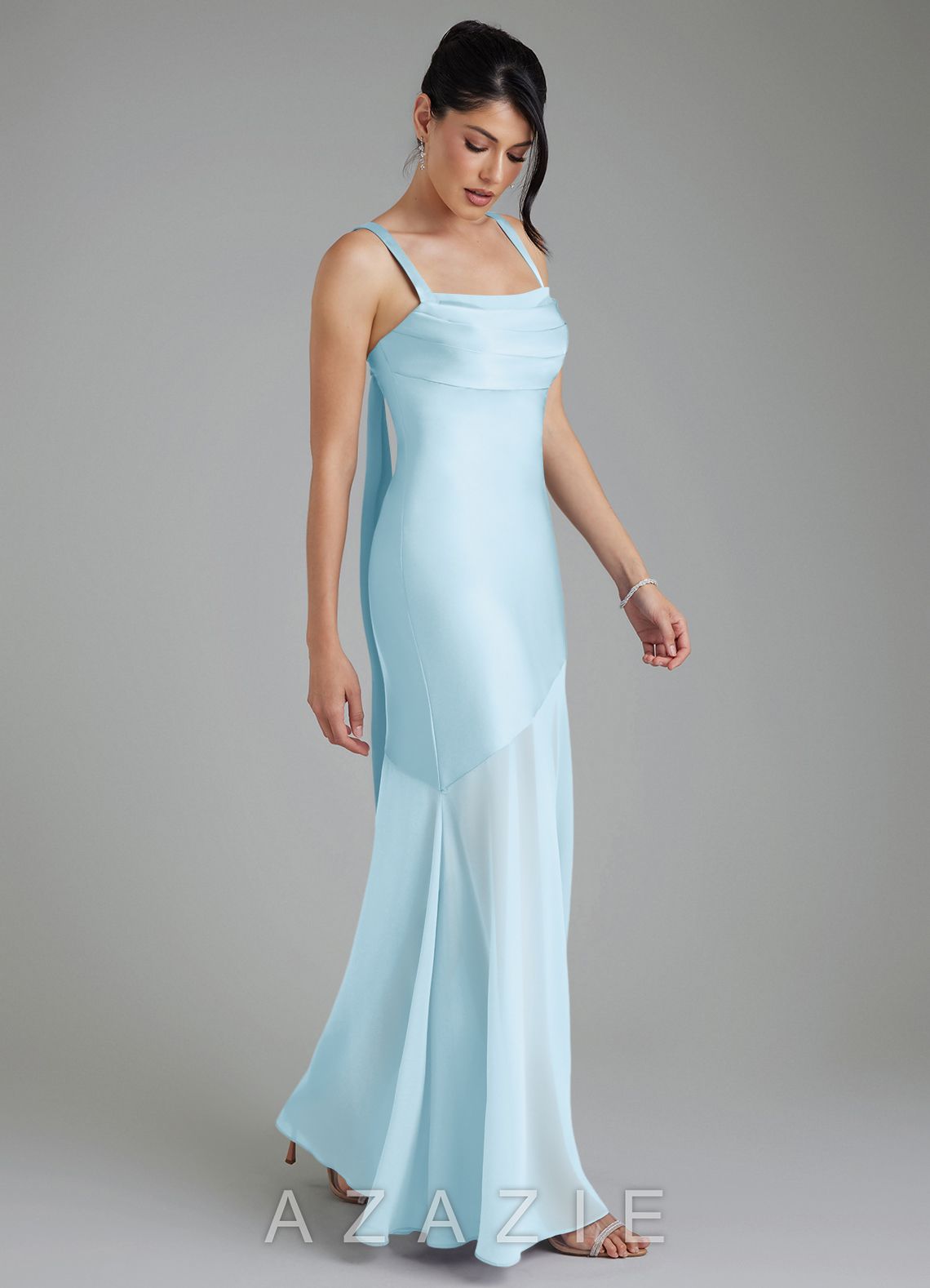 Azazie Piper Sky Blue Mermaid Pleated Stretch Satin Dress sky_blue