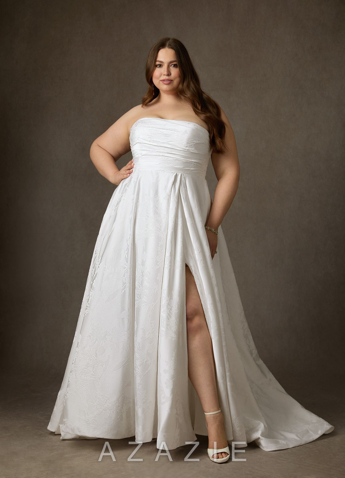 Azazie Daliah Diamond White A-Line Strapless Floral Jacquard Dress