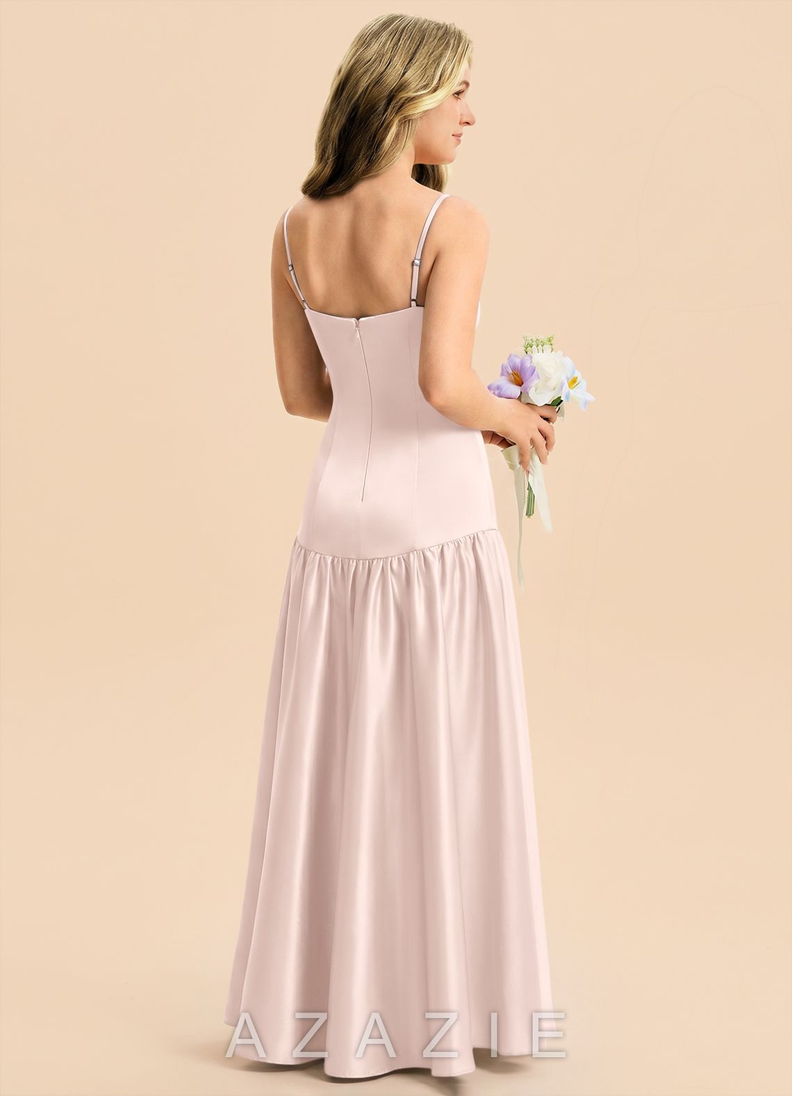 Azazie Romi Junior Blushing Pink A-Line Pleated Stretch Satin Dress blushing_pink