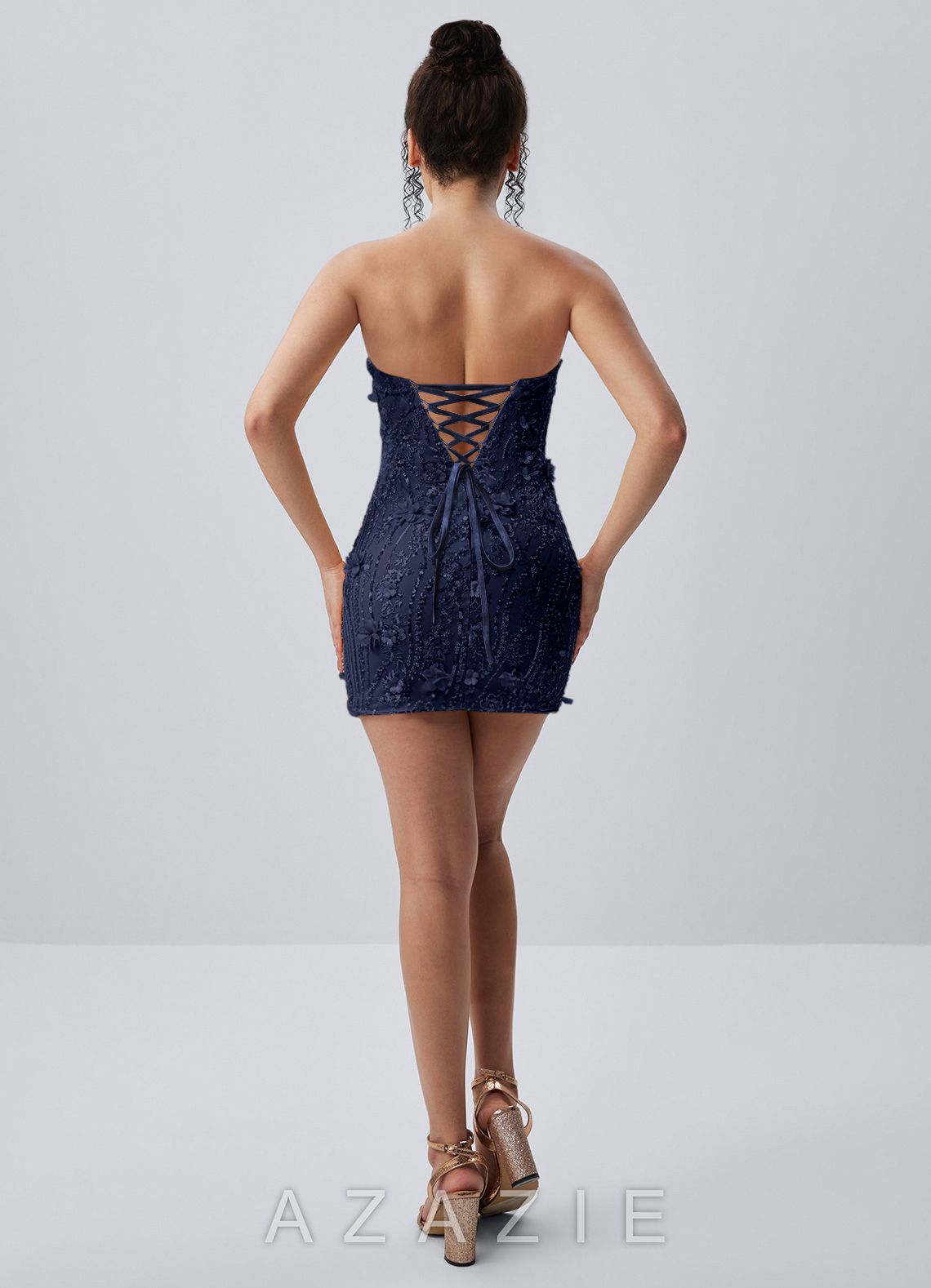 Genevrielle Navy 3D Flowers Sequin Embroidery Beading Mesh Mini Dress
