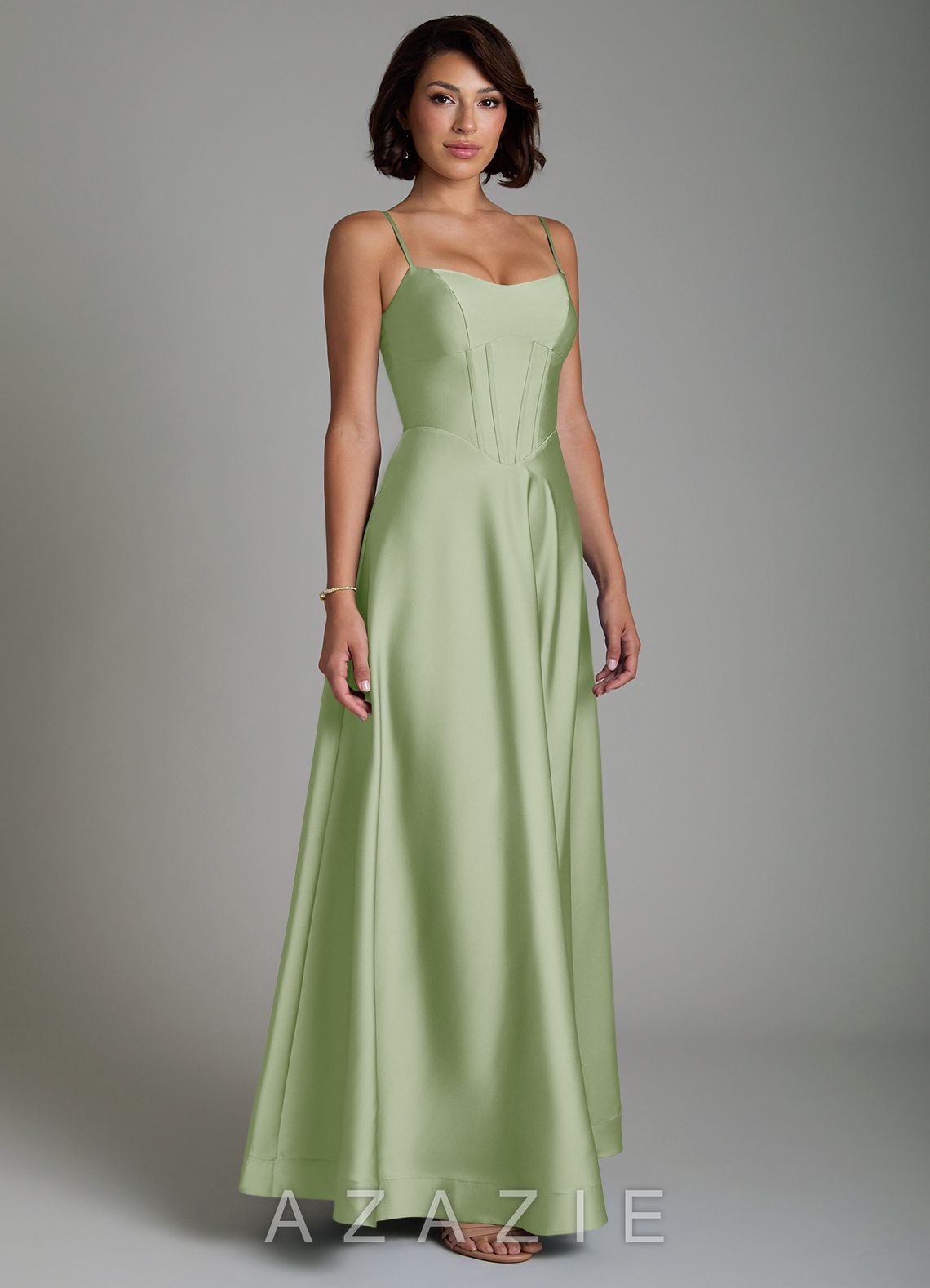 Azazie Nona Dusty Sage A-Line Pleated Stretch Satin Dress dusty_sage
