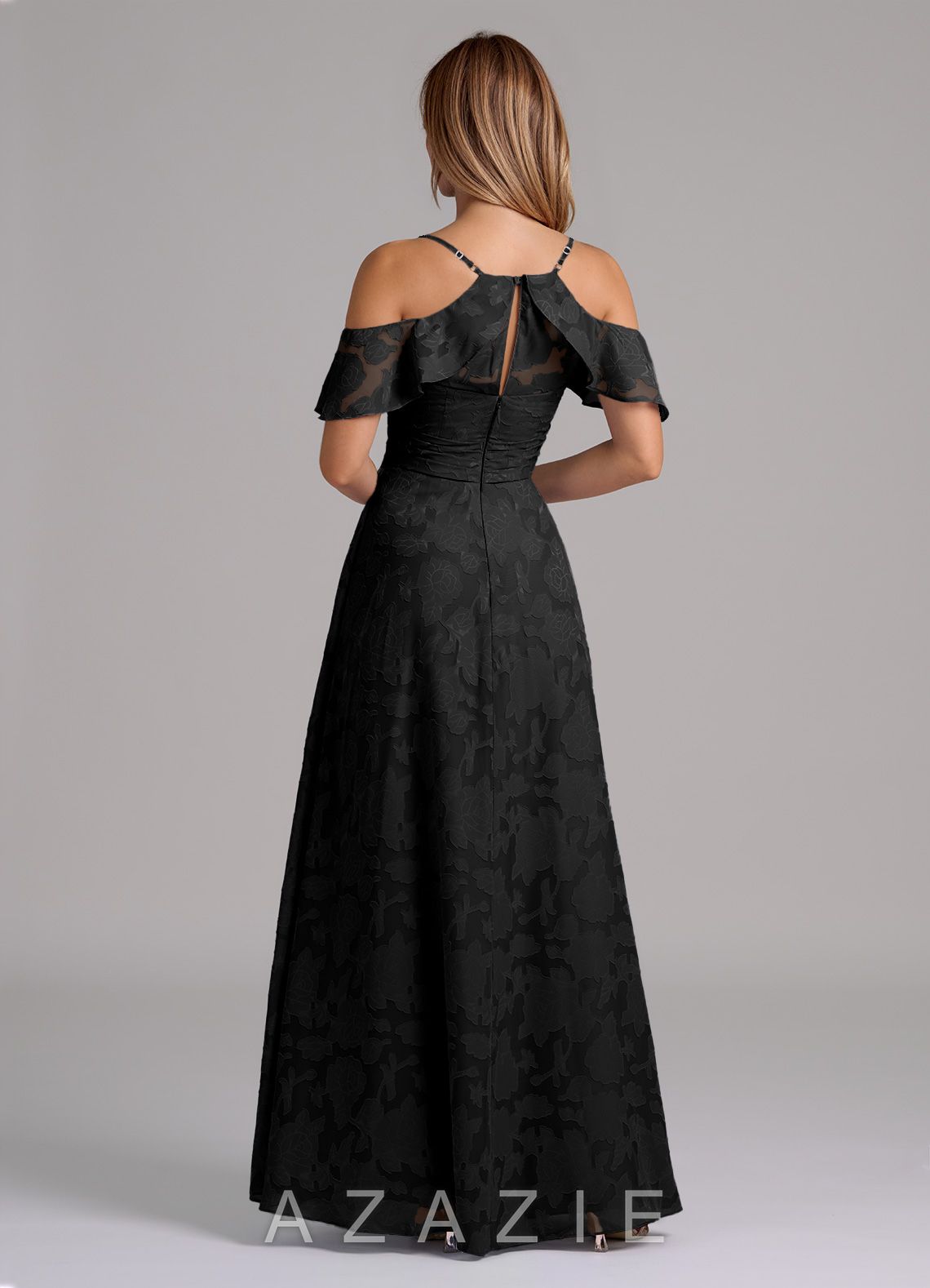 Azazie Dakota Black A-Line Off the Shoulder Floral Burnout Dress black