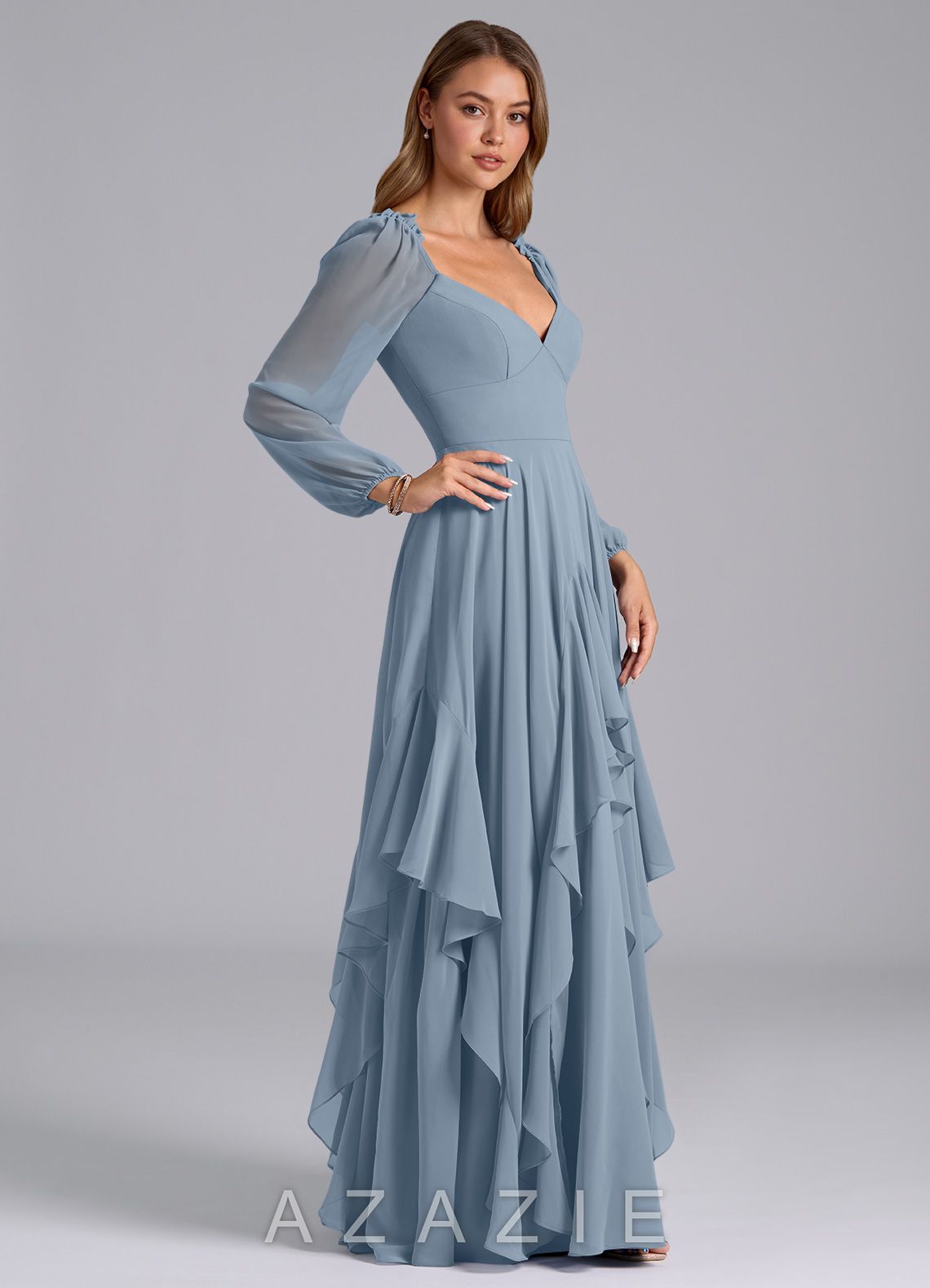 Azazie Karan Dusty Blue A-Line Long Sleeve Chiffon Dress dusty_blue