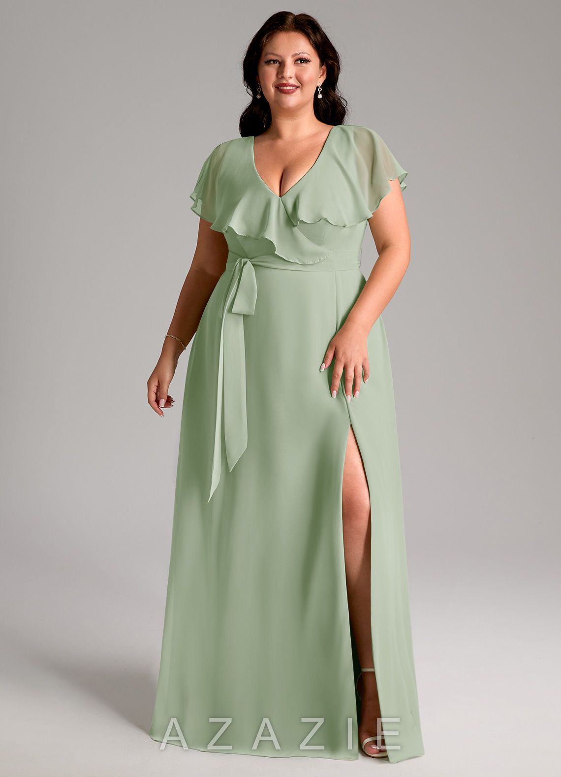 Azazie Lainey Dusty Sage A-Line with Pockets Chiffon Dress dusty_sage