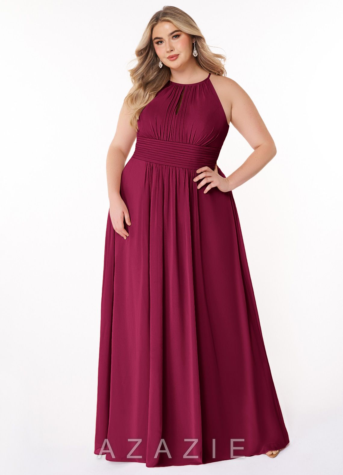 Azazie Bonnie Burgundy A-Line Keyhole Ruched Chiffon Dress burgundy