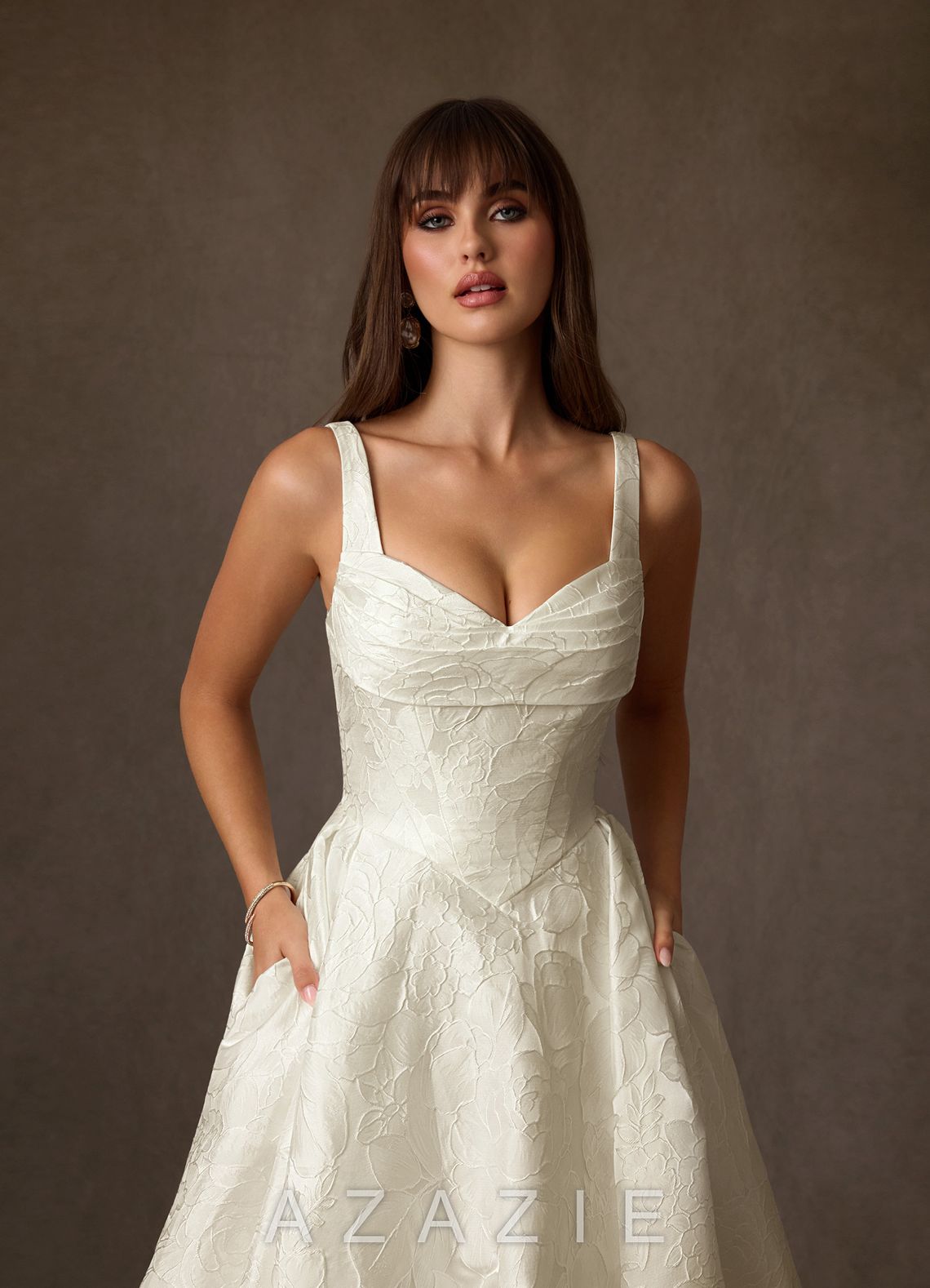 Azazie Priah Antique White Ball-Gown Sweetheart Neckline Floral Jacquard Dress antique_white