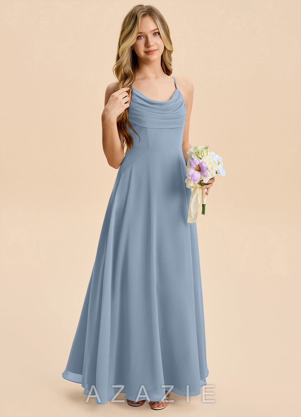 Azazie Gia Junior Dusty Blue A-Line Pleated Chiffon Dress dusty_blue
