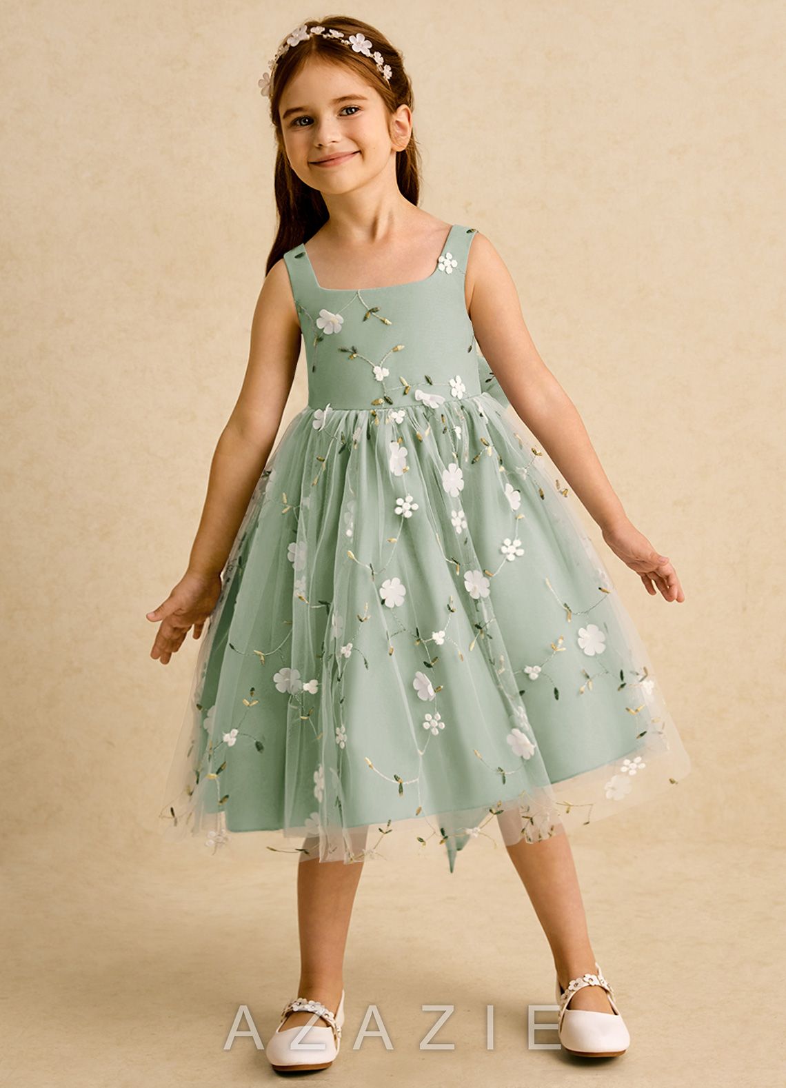 Azazie Bean Dusty Sage Ball-Gown Sleeveless Tulle Dress
