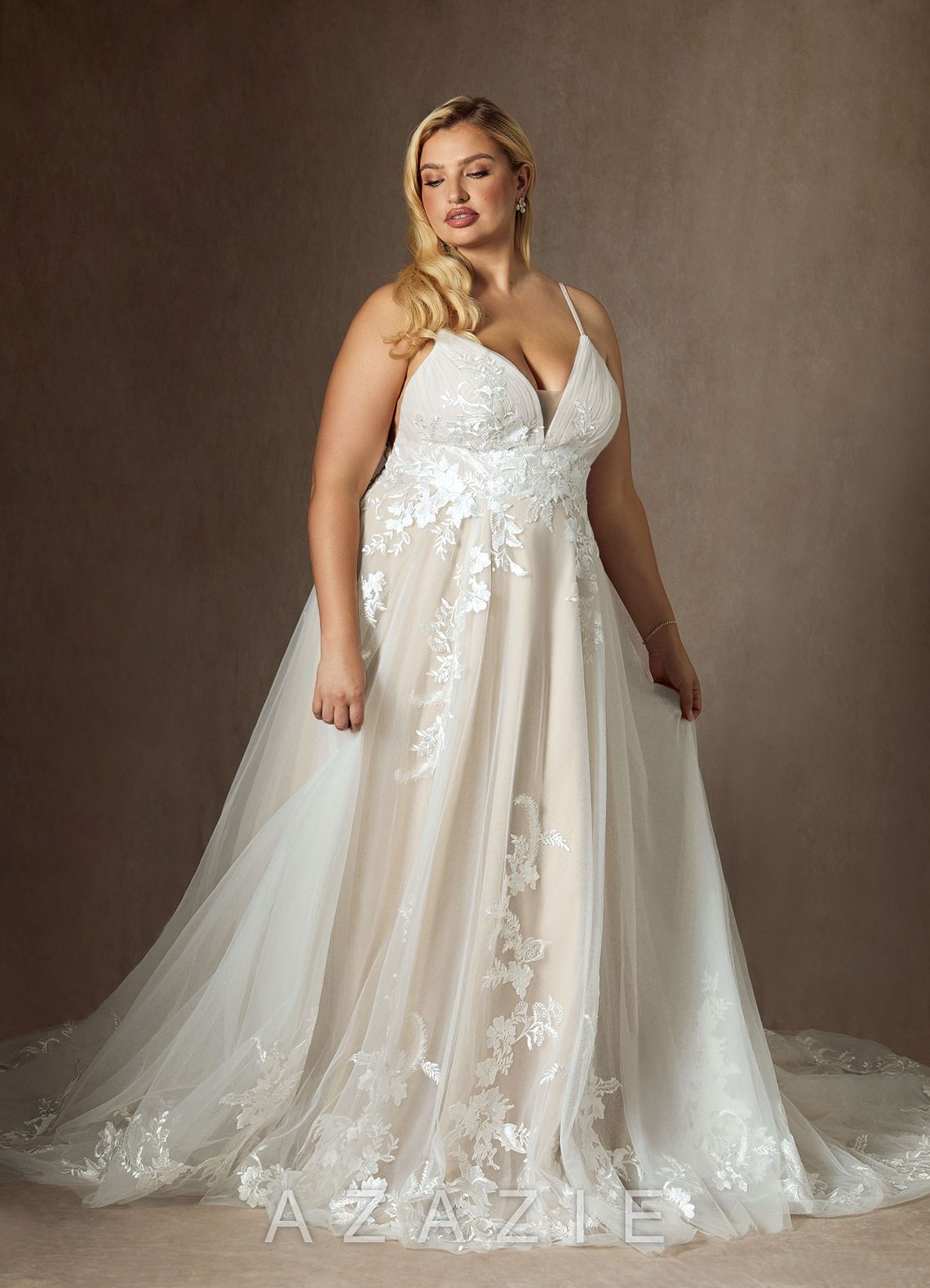Azazie Rhodes Wedding Dress Diamond White Champagne A-Line V-Neck Sequins Tulle Dress diamond_white/champagne