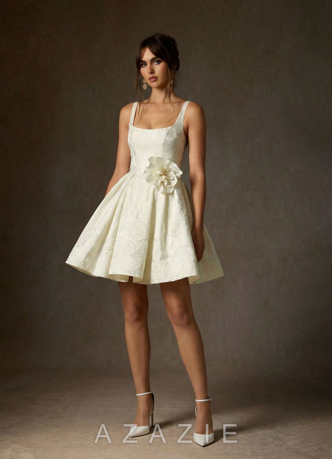 Azazie Ruby Antique White A-Line with Pockets Floral Jacquard Dress antique_white