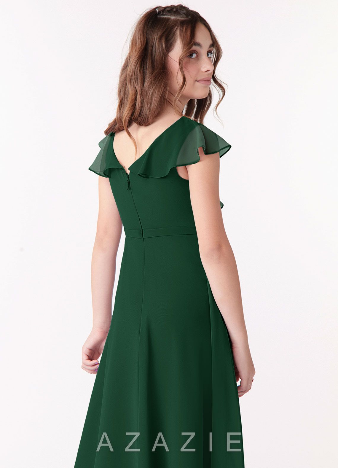 Azazie Posie Junior Dark Green A-Line Ruched Chiffon Dress dark_green
