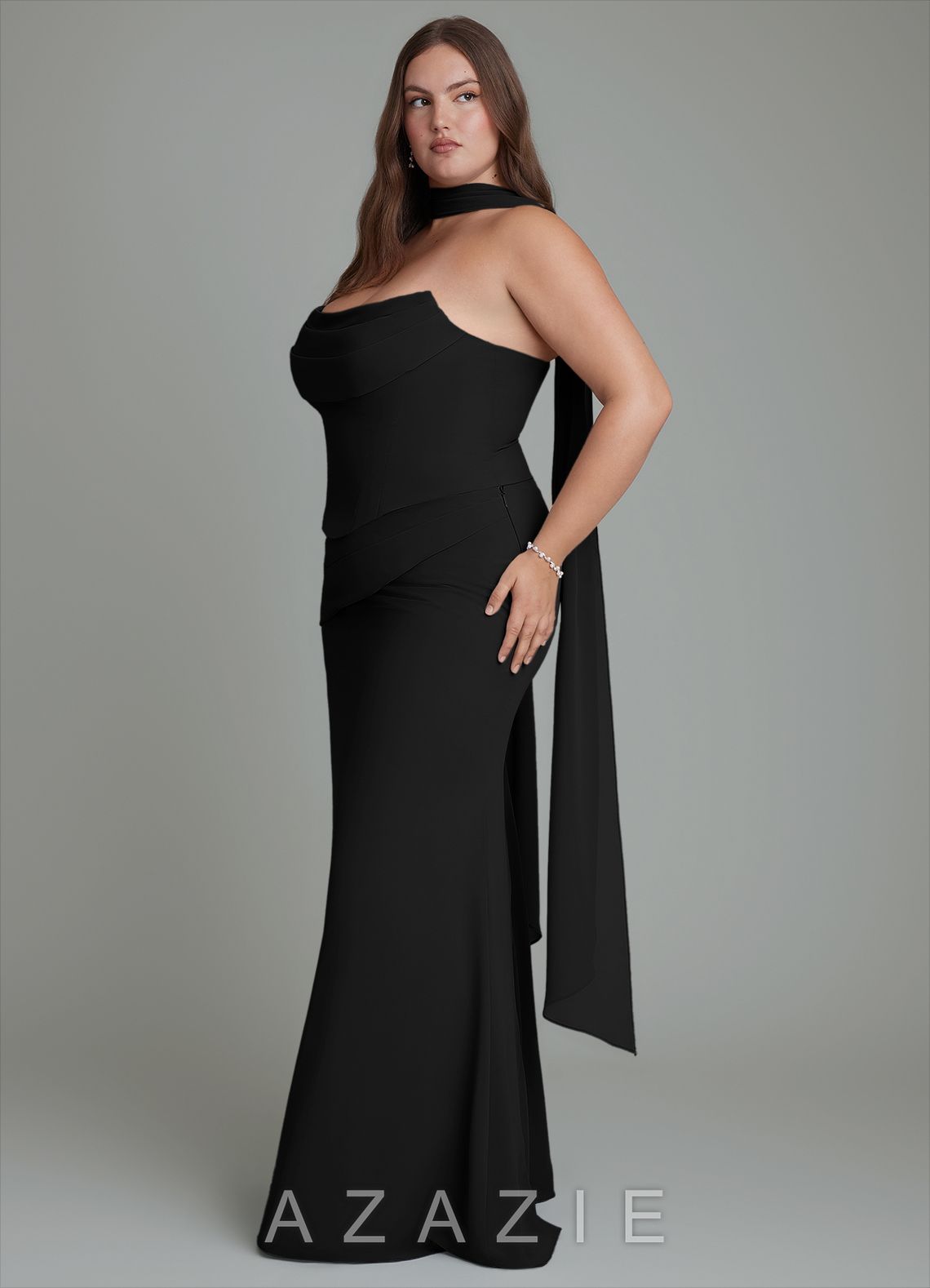 Azazie Sorrel Black Mermaid Corset Chiffon Dress black