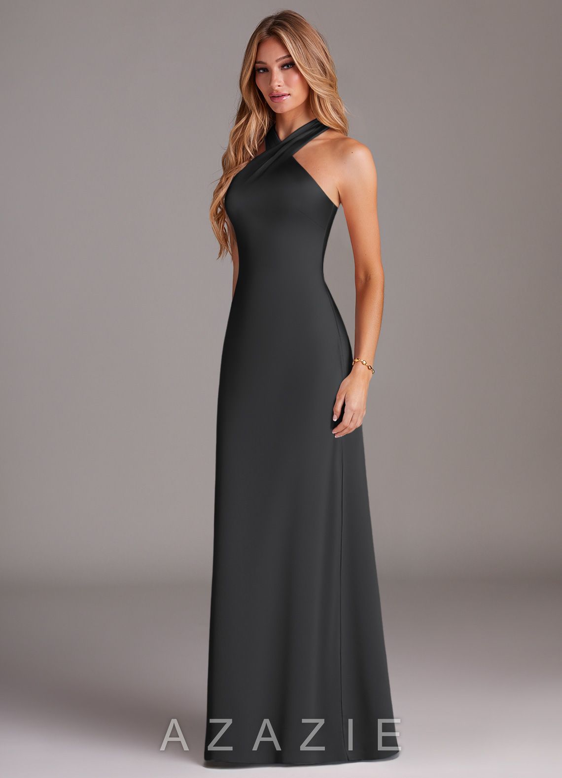 Azazie Doretta Black Mermaid Pleated Stretch Satin Dress black