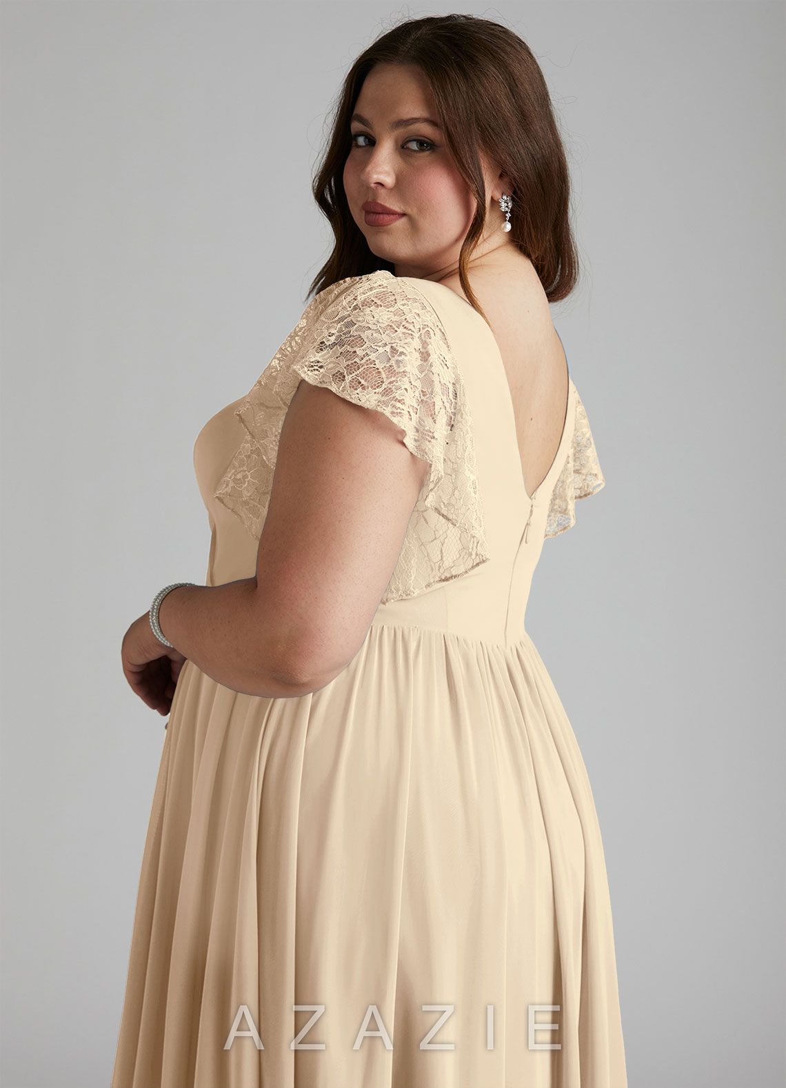 Azazie Zella Champagne A-Line Lace Chiffon Dress champagne