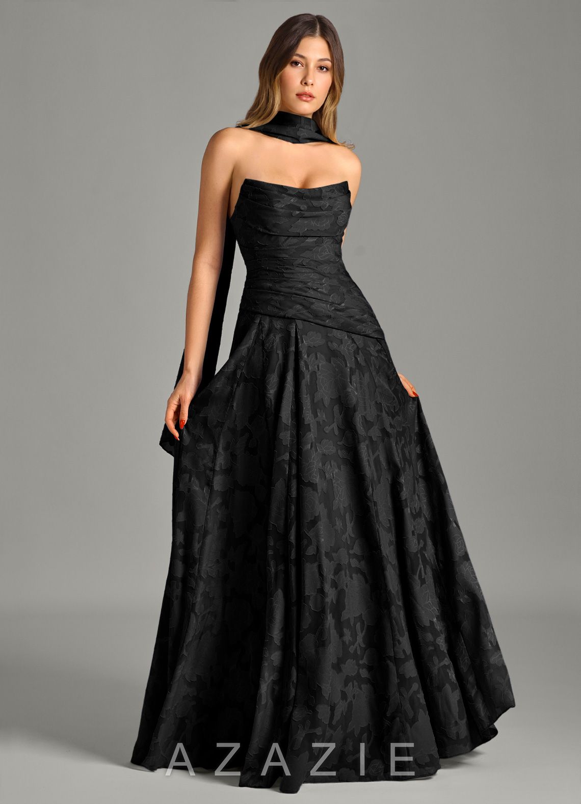 Azazie Gabriela Black A-Line Strapless Floral Burnout Dress black