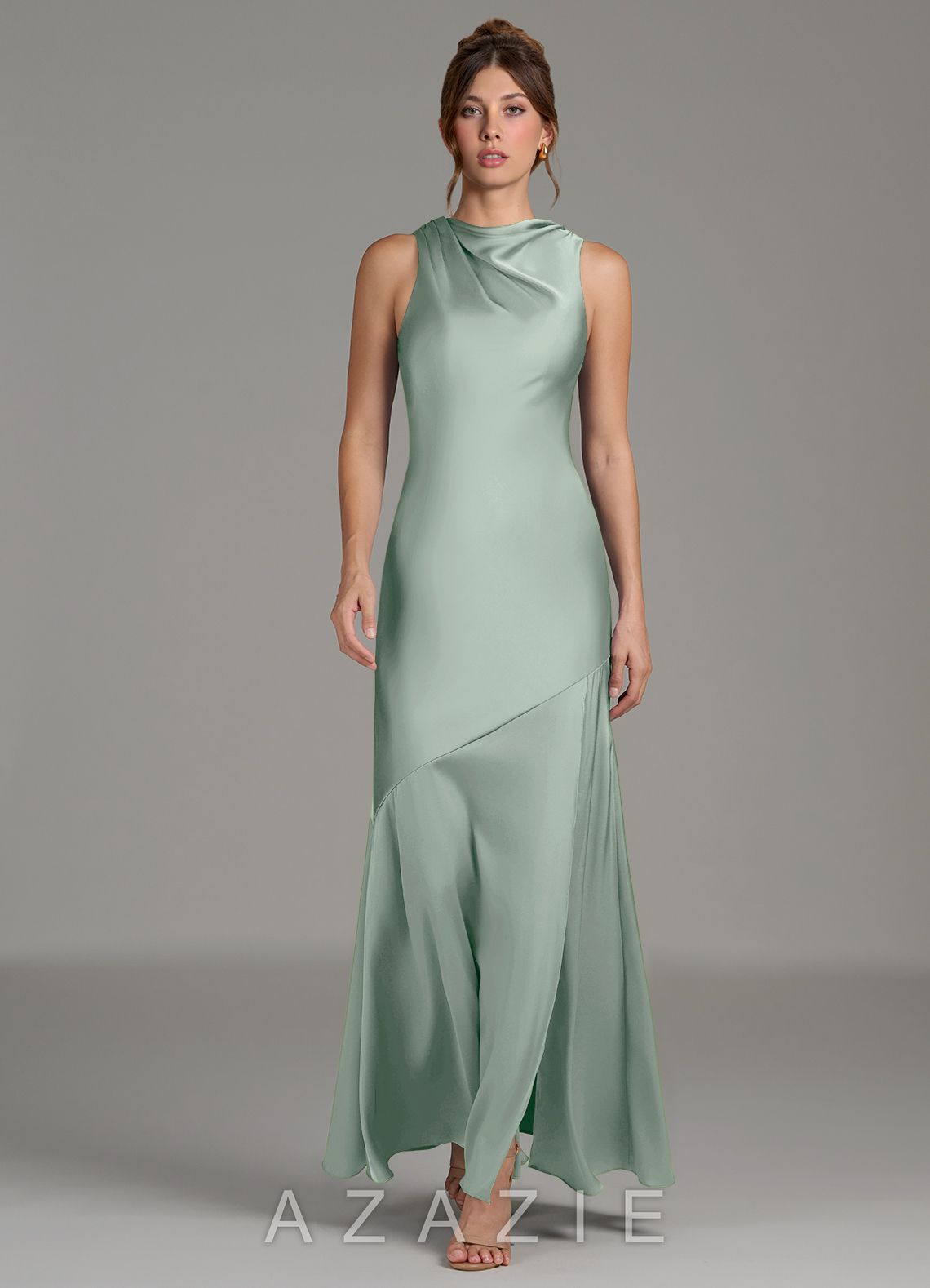 Azazie Kiara Agave Mermaid Pleated Stretch Satin Dress agave