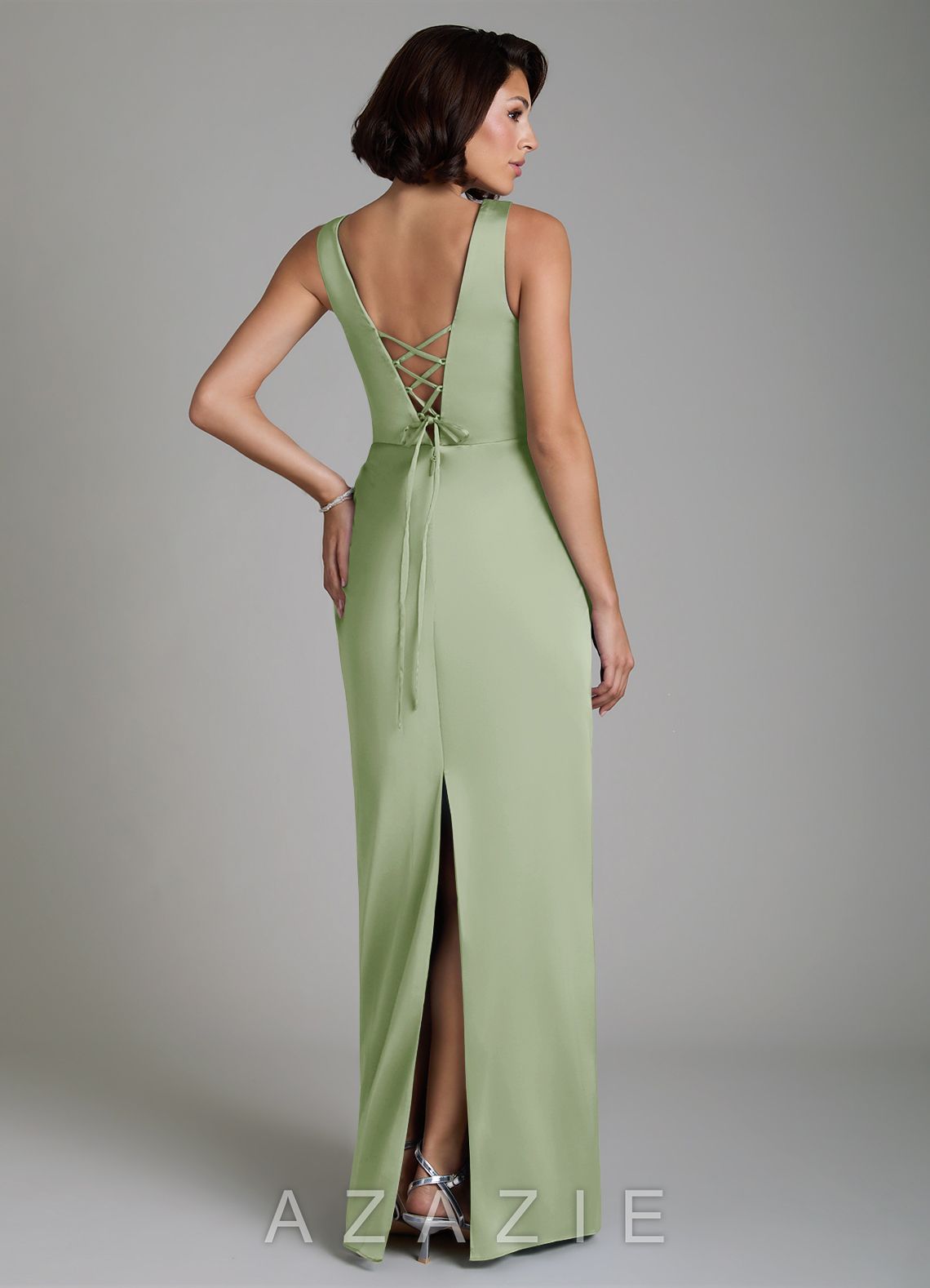 Azazie Vanya Dusty Sage Sheath Corset Stretch Satin Dress dusty_sage
