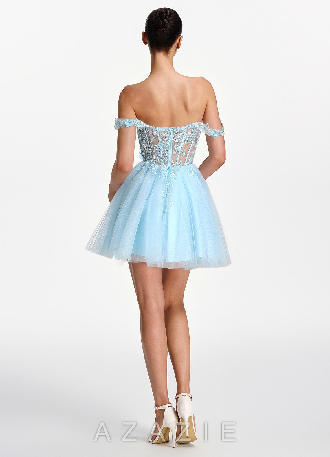 Eudaimonia Light Blue 3D Flower Sequin Embroidery Corset Off-the-Shoulder Tulle 