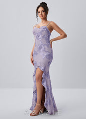 Ivelisse Pale Purple Floral Trim High Slit Maxi Dress