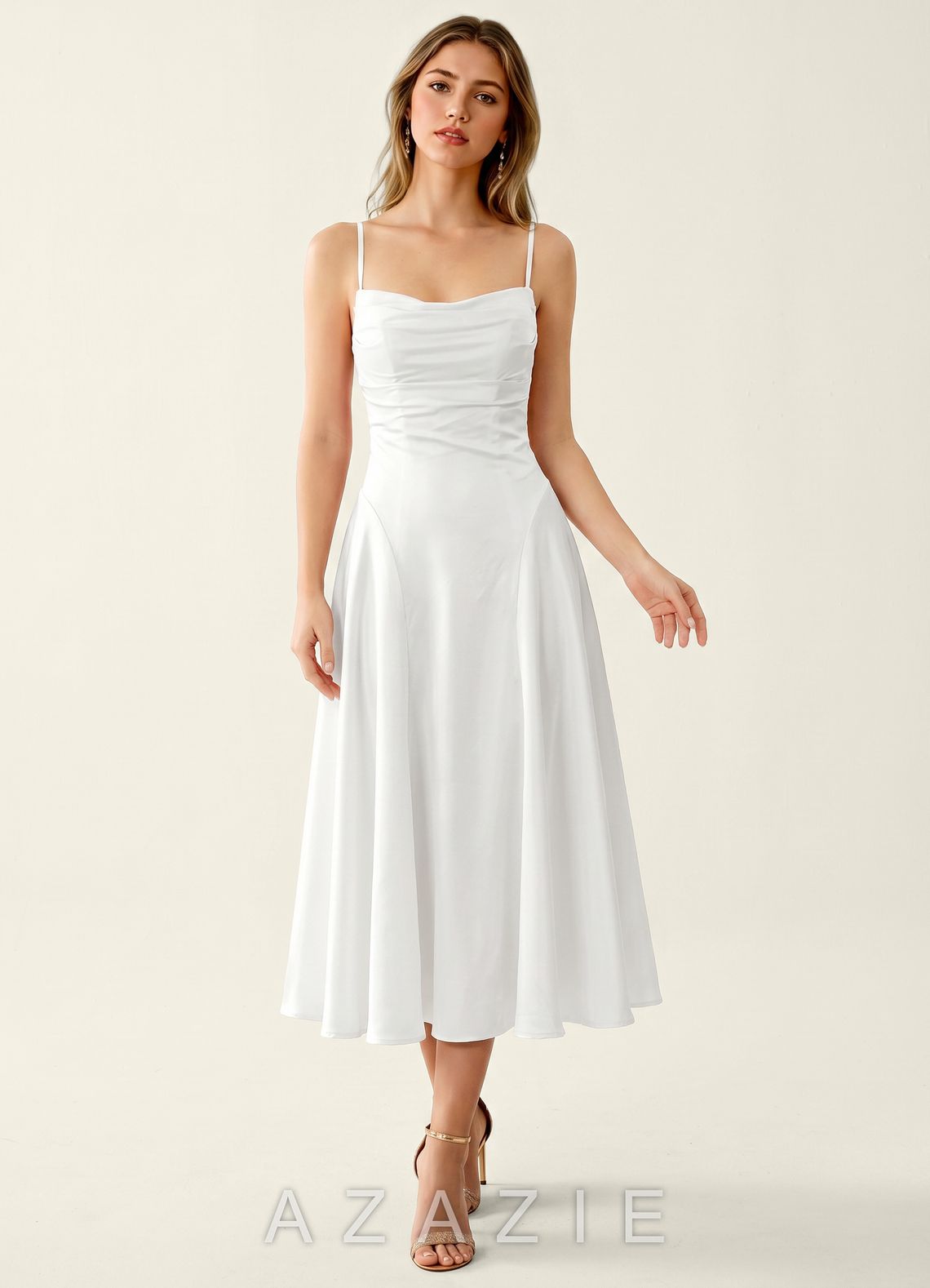 Madeleine White Satin Lace Up Back Midi A-line Graduation Dress