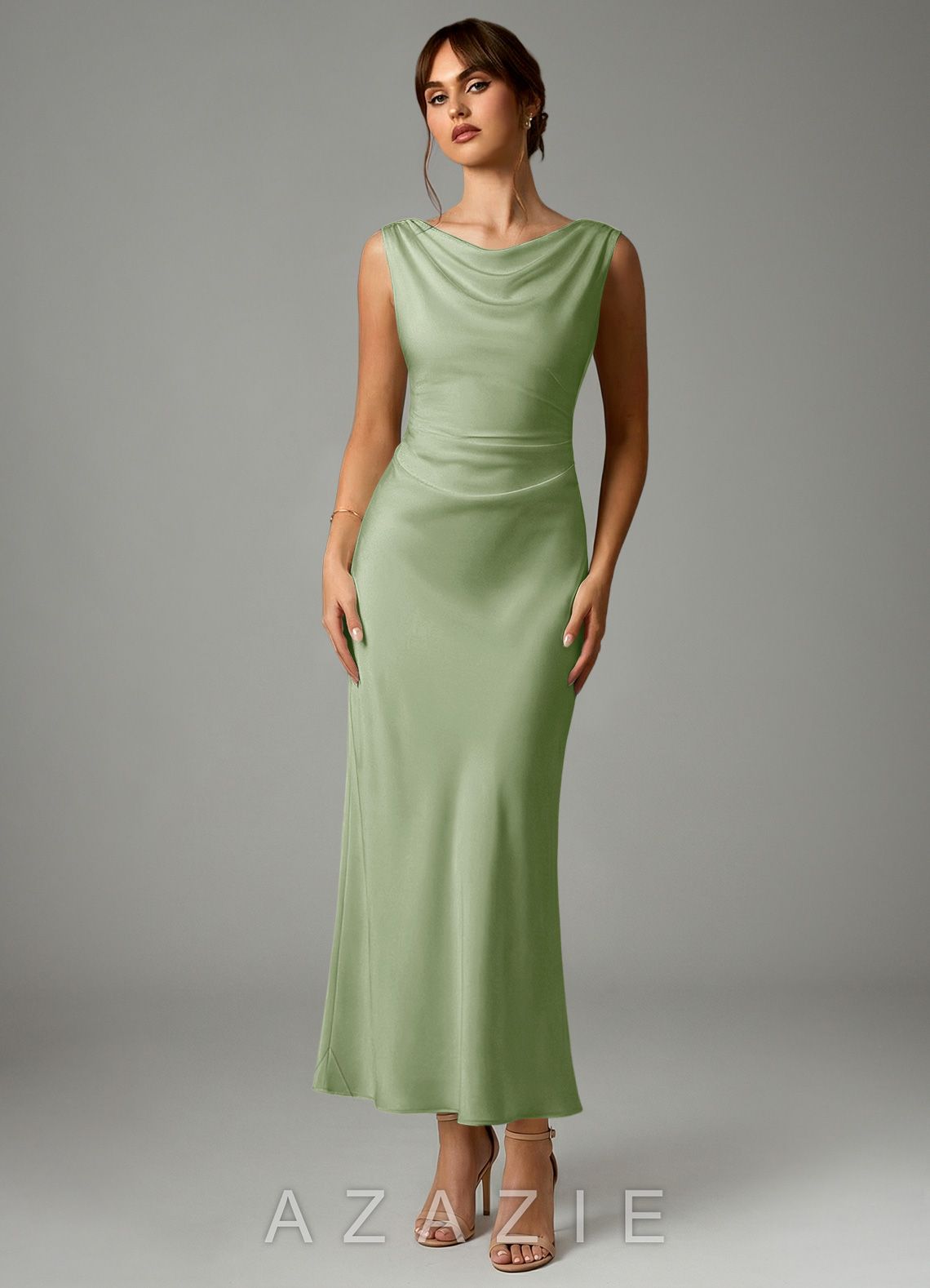Azazie Kieryn Dusty Sage Mermaid Pleated Stretch Satin Dress