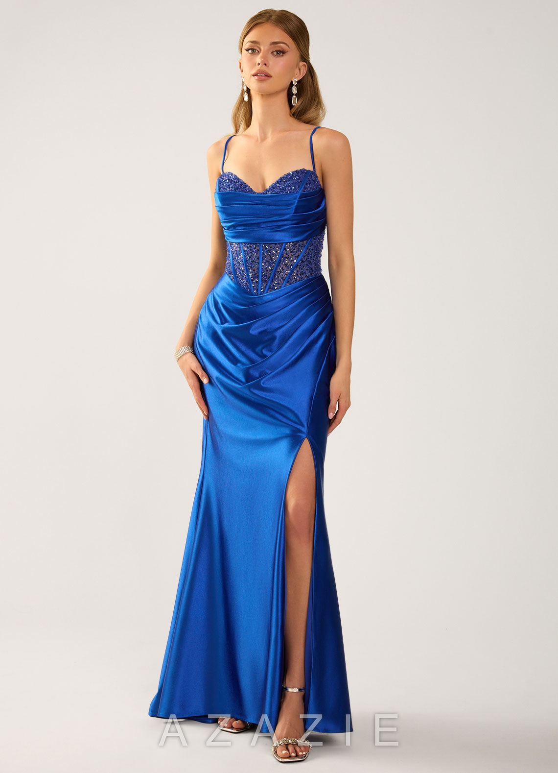 Marenmarka Royal Blue Beading Corset Satin Prom Dress